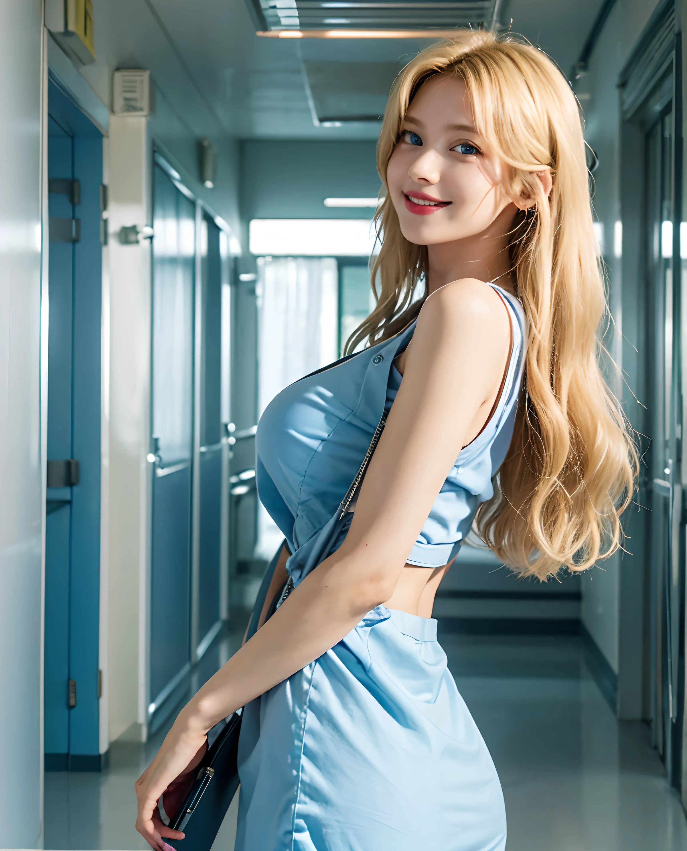 1girl, (Blue Eyes), smiling, (Sana Minatozaki), wide hips, Big Boobs, big ass, (Best Quality, 8k, Masterpiece: 1.3), Clear Focus: 1.2, Perfect Body Beauty: 1.4, Slender Abs: 1.2, Highly detailed face and skin texture, detailed eyes, double eyelids, (blonde long hair), (medical uniform), (white medical gown), stethoscope, corridors of a hospital, corridors of a hospital