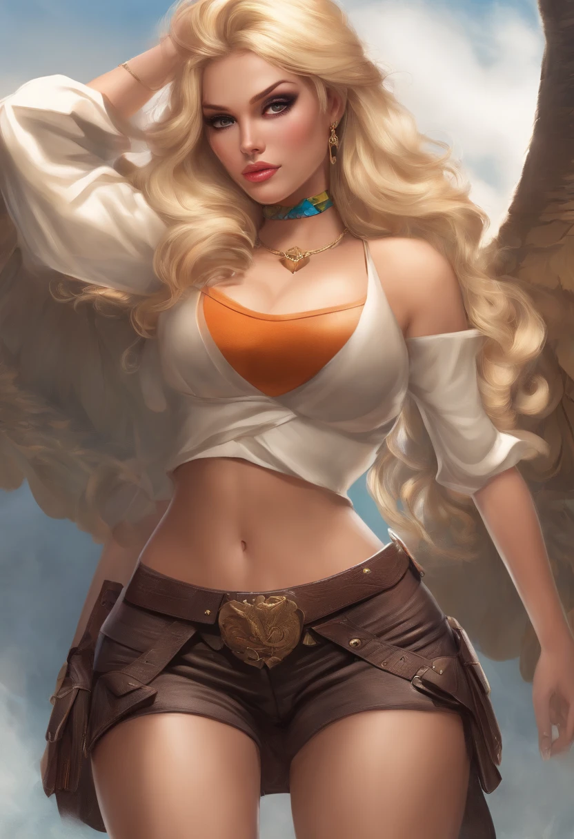 blonde hair brown eyes supermini skirt wearing hips visible in the middle with breasts removed