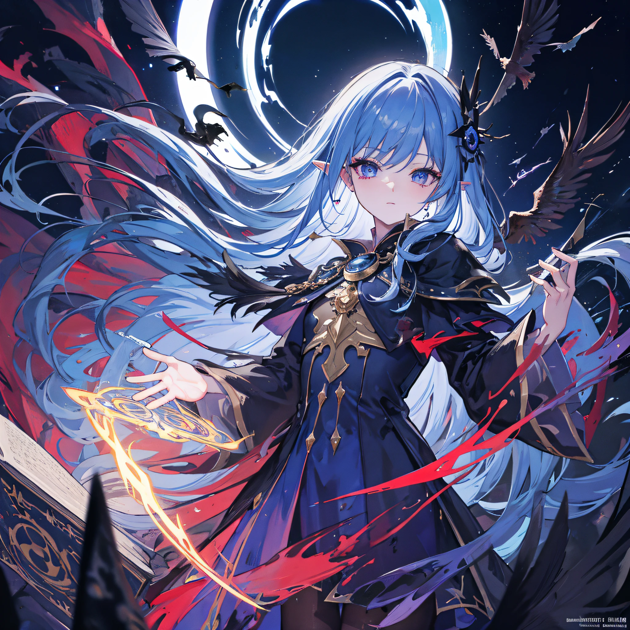 death,blood,night, dark, (Fantasy),Infinite,deep blue sky,The abyss of knowledge,knowledge,((masterpiece)), (((best quality))),((beautiful detailed eyes)),(eyelash),Monster,(1 girl),blue hair,long hair,abyss eyes,Shiny skin,oil,small breast,(bird body,feather),Wearing Rags of cloth, Tzeentch,elf,extremely detailed CG unity 8k wallpaper,masterpiece, ((ultra-detailed)), ((illustration)),colorful,wallpaper,energy,Unknown terror,arcane,Around the magic,magic surrounds,magic rod,book,pages flying all over the sky,Know it all,Predicting the Future,Know the past,Infinite wisdom,blue flame,Warlock,Magical Circle,Pentagram,incantation,mantra,Singing magic,