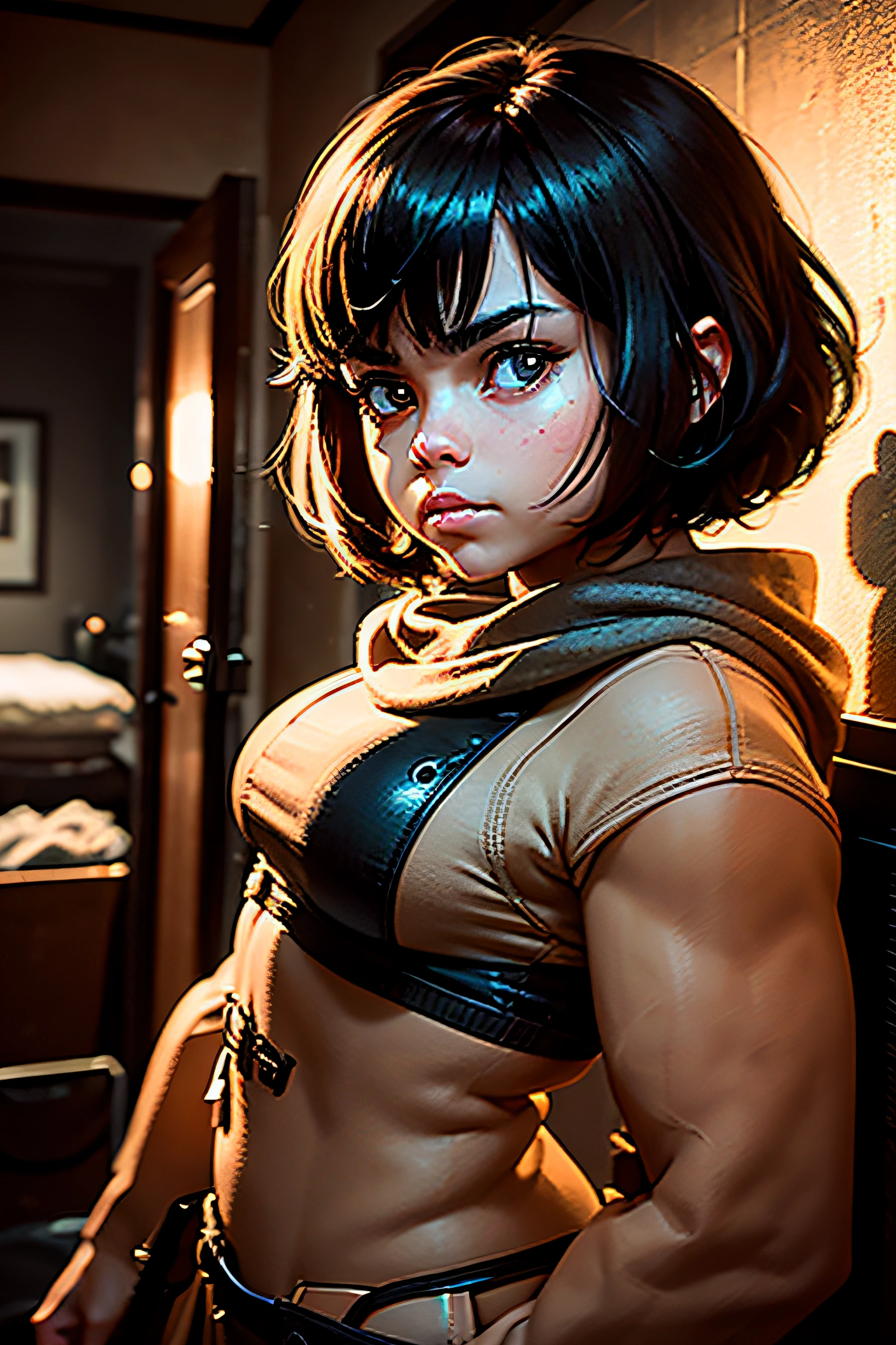 extremely photoRealistic SCENE inside a dimly lit dirty and filthy bedroom of a tenement building on a cold night FEATURING a low angle view image of a diminutive short stature CHUBBY SLIGHTLY MUSCULAR POWERFULLY BUILT youthful looking hispanic woman with medium brown skin color and shiny black BOB hairSTYLE with a pensive smirk on her face and slight smile with pouty glossy lips AND looking slightly angry as shes looking downward at low angle view toward the camera lens and wearing a beige winter overcoat with her face illuminated by somewhat dim lighting
