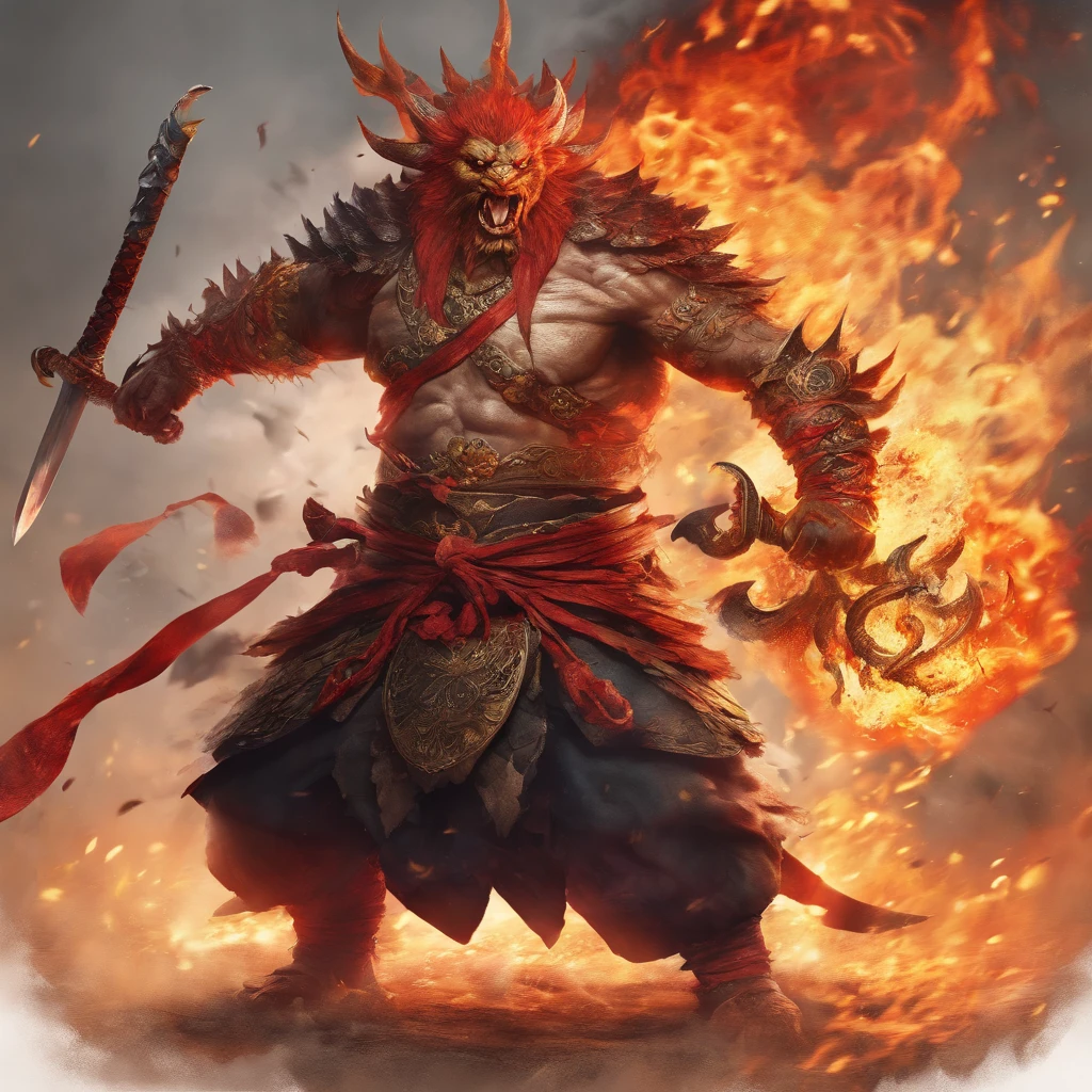 (highres,best quality:1.2),ultra-detailed,realistic:1.37,african samurai holding a flaming katana, mega detailed samurai,extremely detailed monster,a gigantic chimera-shaped monster, explosively detailed monster, intensely detailed katana,monstrous and detailed katana,fire-filled katana, highly detailed environment,wildly detailed background,stunningly detailed scenery,richly detailed setting,visually spectacular setting,vivid atmosphere,mesmerizing atmosphere,artistic setting,richly textured environment,realistic landscape,photo-realistic landscape,landscape with breathtaking details,fiery landscape,apocalyptic landscape,extensively detailed fire,air filled with heavy smoke,atmosphere filled with tension, dramatic ambiance,dynamic atmosphere,detailed character designs,beautifully illustrated characters,emotionally charged characters,aesthetic character design,expressive faces and postures,stylish character attire,colorful and vibrant costumes,impressive character poses,attention-grabbing character expressions,battle ready samurai, fiery monster with intricate patterns, intense and fierce monster,ominous and terrifying monster,monstrous appearance with fire,creature with mythical attributes,dark and awe-inspiring creature,chaotic and menacing creature,combination of different animal features,flaming horns and wings,detailed feathers and scales,massive and powerful monster,devastating presence and impact,ultimate clash between samurai and monster,epic battle scene with high stakes,state-of-the-art special effects,explosive action and movement,dynamic poses and fighting techniques,heroic stance and fearless expression,flaming aura surrounding the samurai,glowing flames engulfing the katana,fiery trails left behind by the sword swings,shimmering light illuminating the battlefield,immersive lighting with dynamic shadows,atmospheric lighting with vibrant colors,strong contrast of light and dark tones,emphasizing tension and drama with lighting effects, african