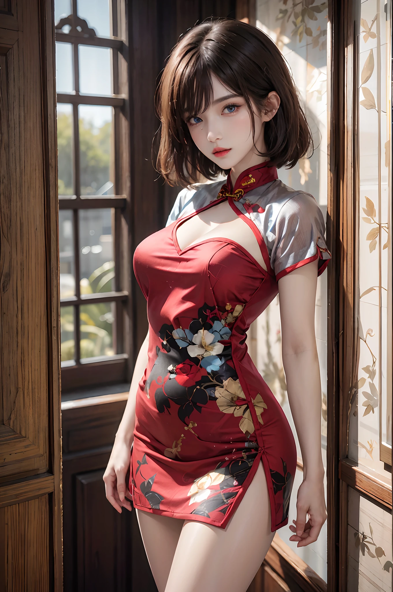 Beautiful Japanese waifu, early 30s, brunette hair, black qipao with floral patterns 