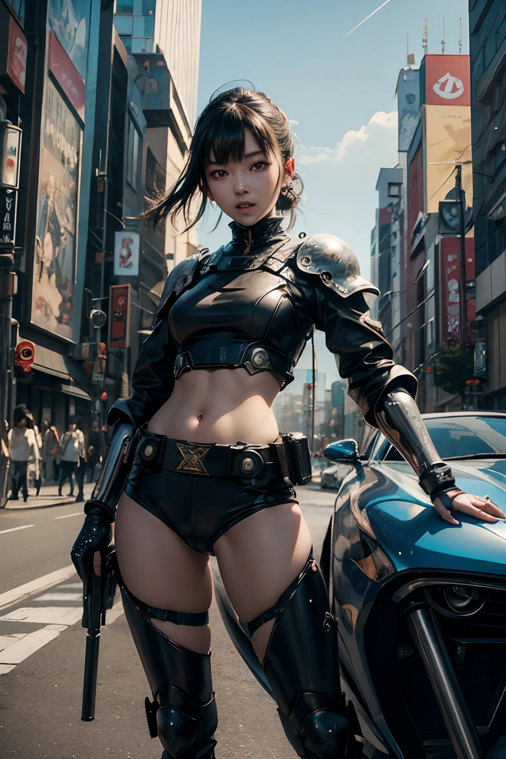art by katsuya terada, art by range murata, art by akiman, art by JUNNY, Full body portrait cute of beautiful slender Young Japanese girl, Realistic skin texture, Moderate mole, head tilt, broad smile, open mouth wide, midriff, beautiful sci - fi armored, Holding a gun at a shibuya intersection, cinematic lighting, highly detailed, ray tracing, digital painting, concept art, smooth, sharp focus, illustration, 8k