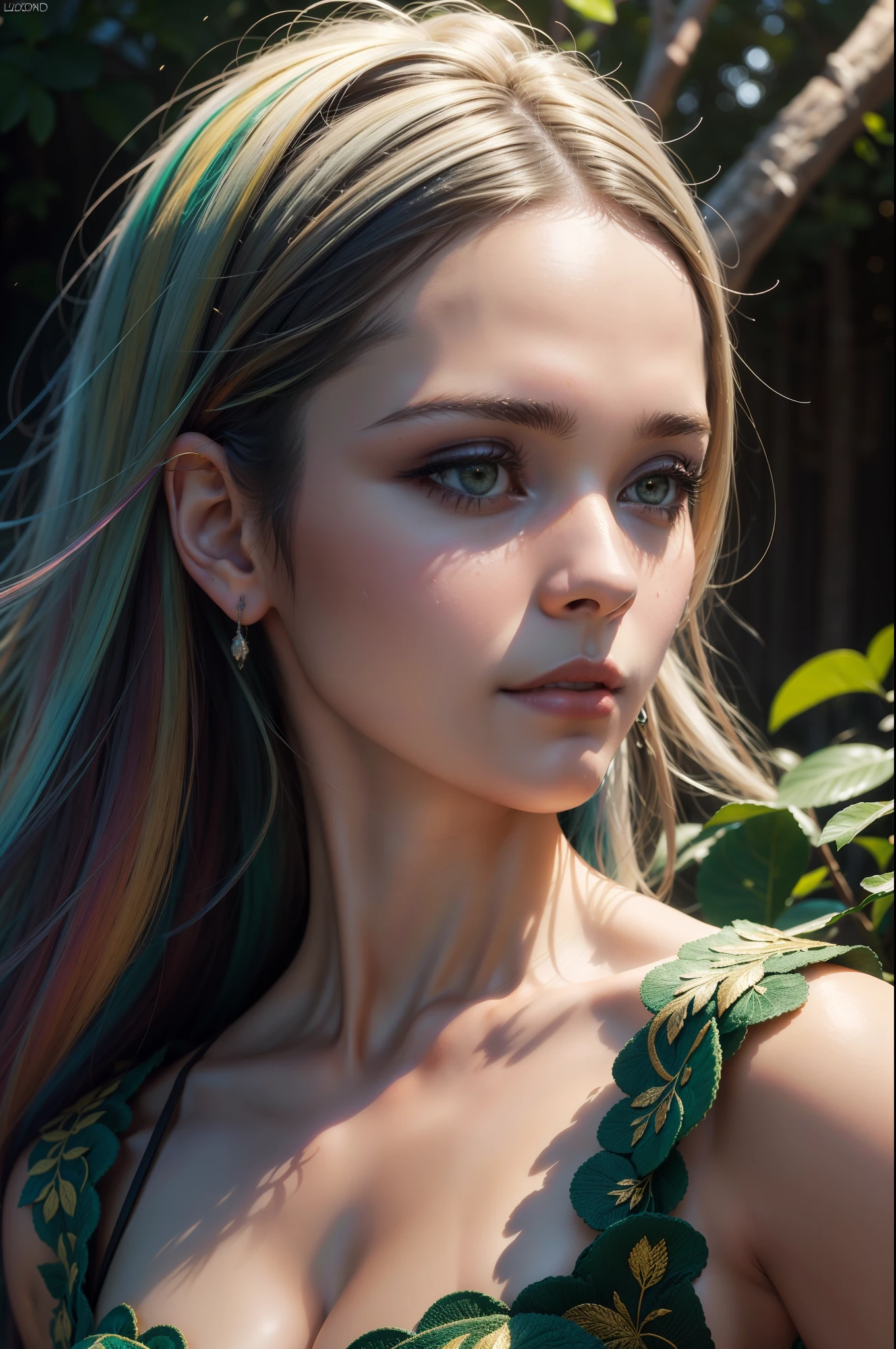 epic realistic, (tiro escuro: 1.4), 80mm, Criar um retrato de uma mulher com cabelos longos e escuros. She has a mysterious expression, looking at the viewer with a slight tilt of the head. She's just dressed, olhar para o telespectador , meigo , bashful, ao mesmo sexy , sensual . O fundo apresenta uma floresta de folhas azuis e impressionistas, with a strange white light shining and a gradient shadow on the top of the woman's face. Use a backlight effect to add depth to the image. estilo de pintura impressionista , show mais amplo com mais fundo e floresta, (textura natural da pele, Hiper-realismo, luz suave, sharper: 1.2), luz suave, sharper, exposure blending, medium shot , (HDR:1.4), Alto contraste, (cinemactic, verde-oliva , ciano:0.85), (cores suaves, cores escuras, tons suaves:1.3), low saturation, (hiperdetalhado:1.2), (preto:0.4), (detalhes intrincados:1.12),  HDR, (detalhes intrincados, hiperdetalhados:1.15), Desbotados, (cores neutras:1.2), arte, (HDR:1.5), (cores silenciadas:1.1), (bolo:0.2), hiperdetalhados, (art-station:1.4), luzes quentes, dramatic light, (detalhes intrincados:1.2), vinheta, fundo complexo ,