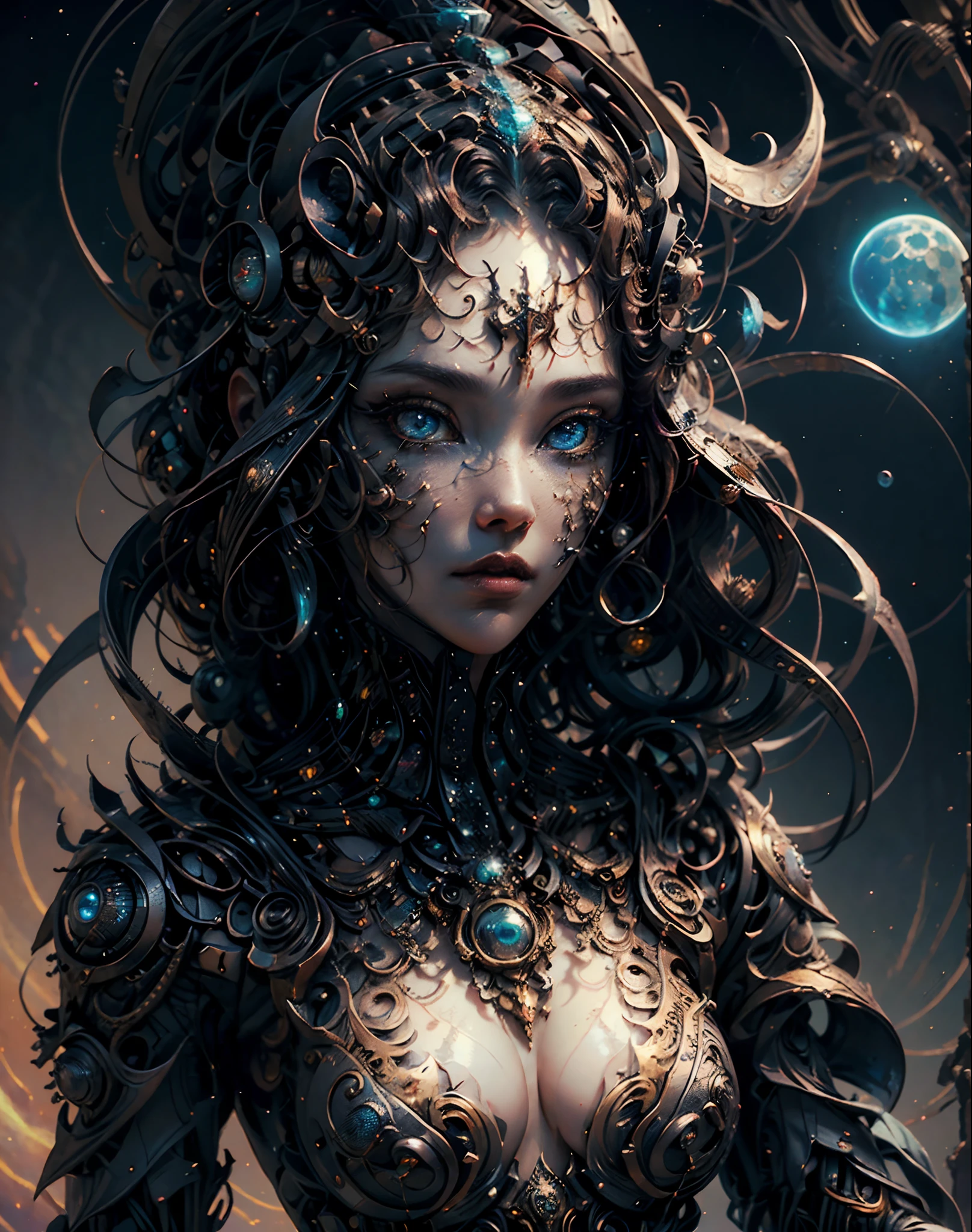 (best quality,ultra - detailed,Most Best Illustration,Best shadow,masterpiece,A high resolution,professional artwork,famous artwork),Eyes focus, Star sparkle particle around, Detailed eyes,beautiful eyes,closeup cleavage,sci-fi,colored sclera,Robot eyes,face markings,Tattooed with,(fractalized,Fractal eyes),large eyes,Wide eyes,(Eye focus),face focus,Cosmic eyes,Space eyes,Close-up of metal sculpture of a woman with a moon in her hair,goddess, extremely high detail,3 d goddess portrait,Extremely detailed,a stunning portrait of a goddess, (cowboy shot),hecate goddess,goddess of space and time, sea art 2.1, goddess sea art 2.1, texture masterpiece, super detail, cinematic lighting, Asian face.