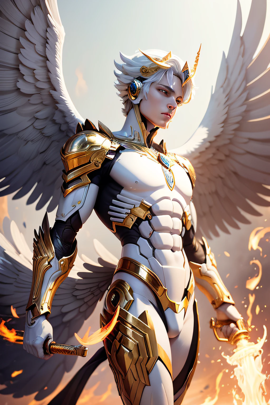 White male robot angel with large open wings and gold details holding a fire sword