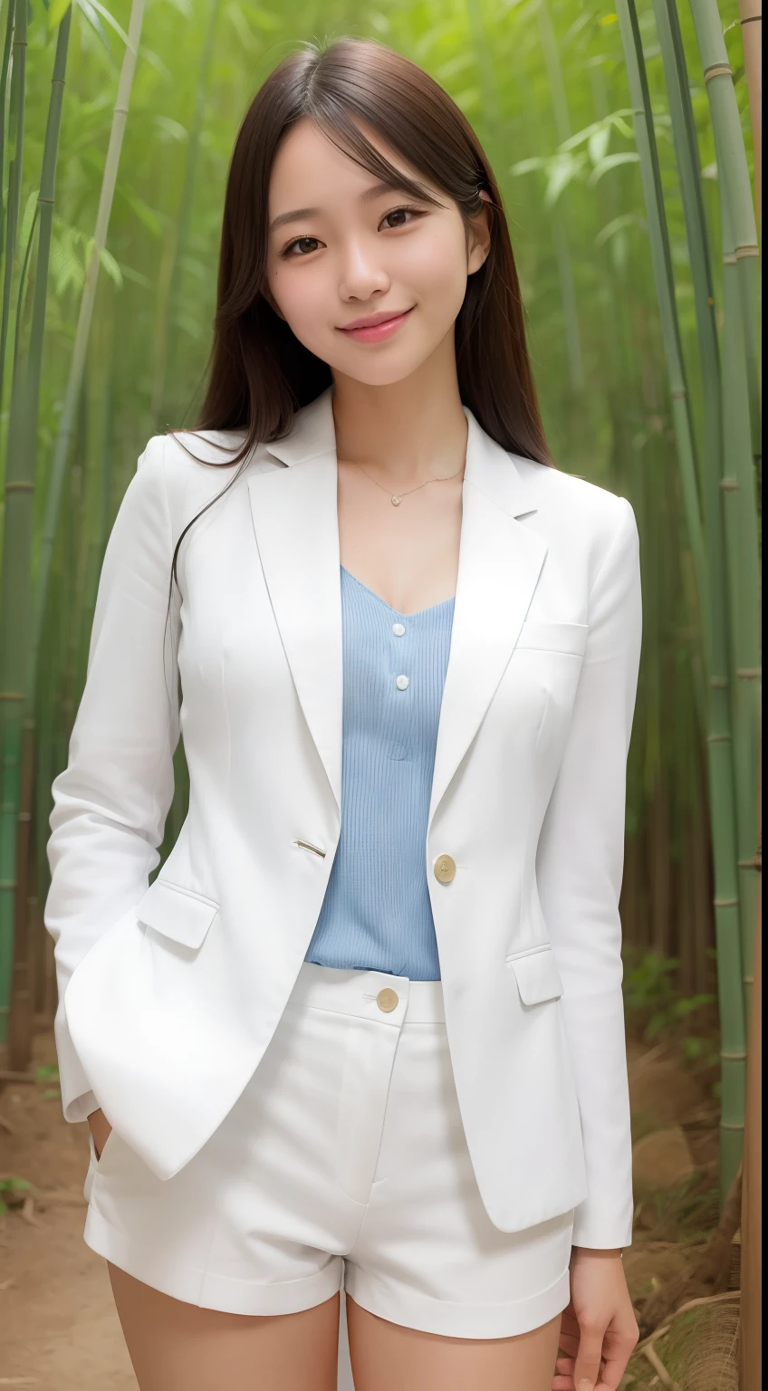 A smiling girl,While wearing a white Business suits,Super short blue denim shorts,Standing in a bamboo forest,com rosto detalhado,The eyes are delicate,The photo quality is the best,Realistic image quality,Background diffuse lighting,Depth of field display。