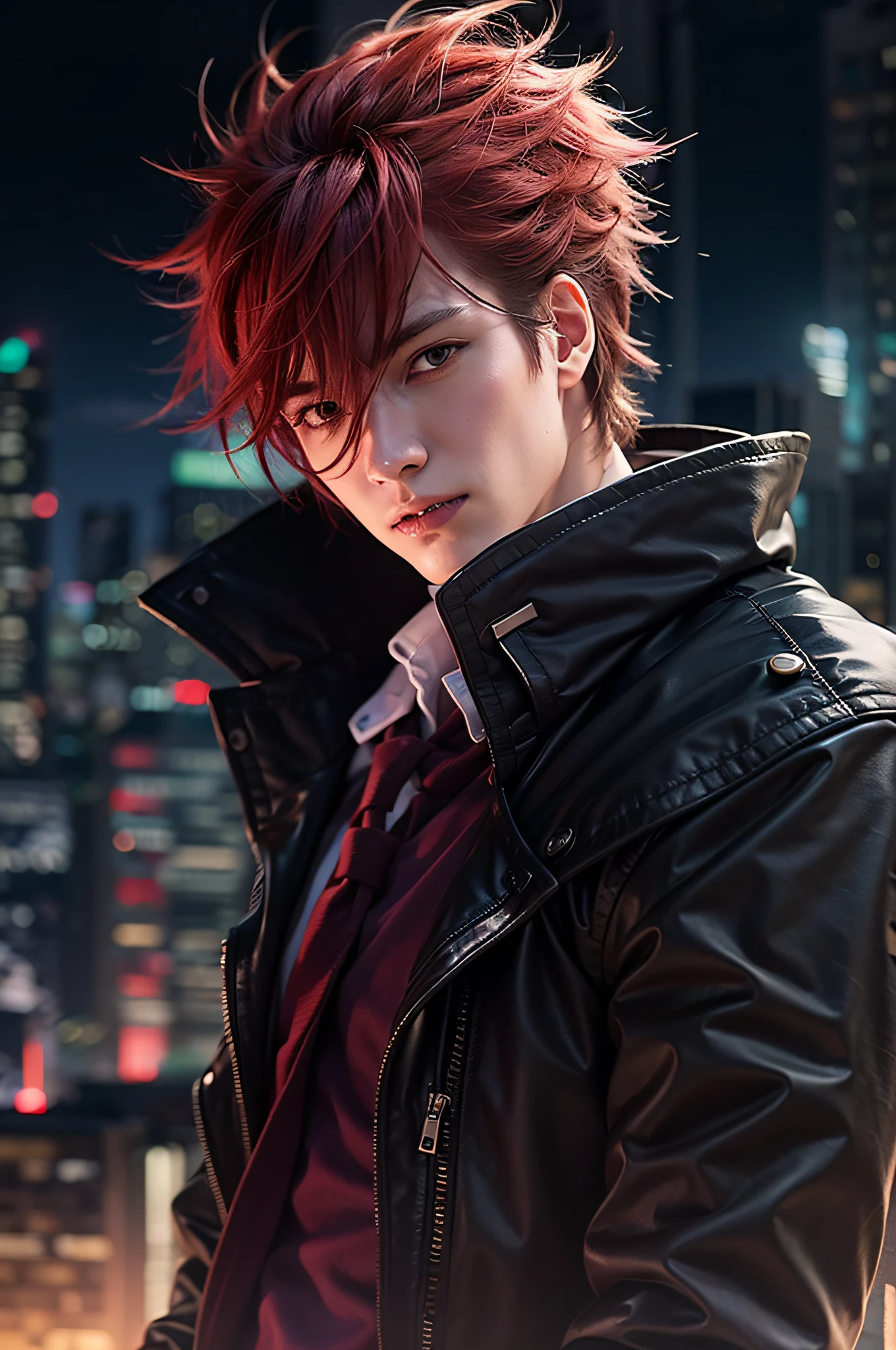 anime character with red hair and a black jacket, with red hair, anime handsome man, male anime character, 1boy, solo, suoh mikoto, k project, (((vampire))), insanity, malkavian, city in background, (night), smirk, cowboy shot, dynamic lighting