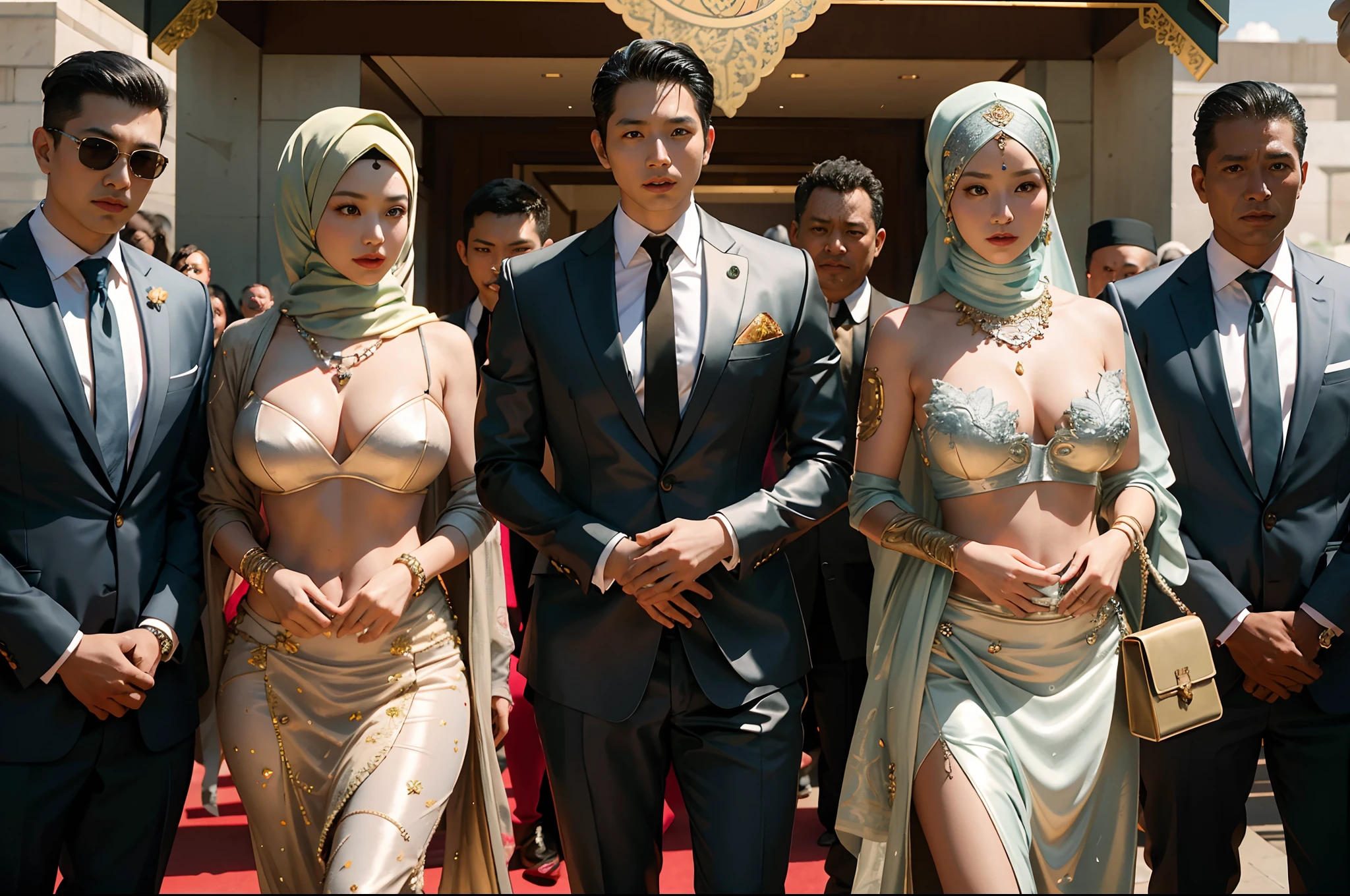 several people in suits and scarves are posing for a picture, movie still 8 k, sexy movie photo, in style of kar wai wong, ross tran 8 k, 8 k movie still, exotic costumes, inspired by Rudy Siswanto, mogul khan, steven klein, ross tran and bayard wu, in a futuristic desert palace, still from a live action movie, hijab