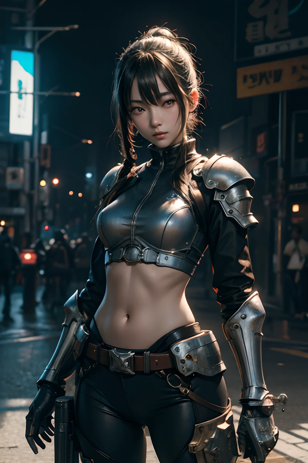 art by katsuya terada, art by range murata, art by akiman, art by JUNNY, portrait cute and beautiful slender Young Japanese girl, Realistic skin texture, Moderate mole, head tilt, broad smile, one eye closed, open mouth wide, midriff, beautiful sci - fi armored, Holding a gun at a shibuya intersection, cinematic lighting, highly detailed, ray tracing, digital painting, concept art, smooth, sharp focus, illustration, 8k