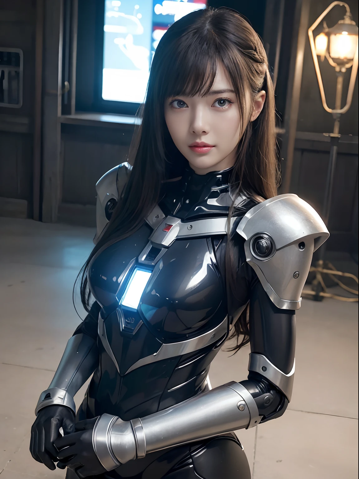 （Fight against mechanical robot soldiers）、top-quality、​masterpiece、超A high resolution、(sexypose),（Wearing a futuristic sun visor）、(Photorealsitic:1.4)、Raw photo、女の子1人、Black hair、glowy skin、((1 Mechanical Girl))、((super realistic details))、portlate、（Small LED lamp）、Wire tubes that glow all over the body、(With state-of-the-art weapons),globalillumination、Shadow、octan render、8K、Armpit、ultrasharp、Colossal tits、Small LED lamp、Raw skin is exposed in cleavage、metals、blood vessels connected to tubes、With weapons、Red bodysuit、Armpit、Cyberpunk city background、Details of complex ornaments、Japan details、highly intricate detail、Realistic light、CGSoation Trends、Blue eyes、radiant eyes、Facing the camera、neon details、（Helmet of the Brave）、Mechanical limbs、blood vessels connected to tubes、Mechanical vertebrae attached to the back、mechanical cervical attaching to neck、Wires and cables connecting to the head、Gundam、Small LED lamp、Toostock、Toostock、Futuristic machine gun、Knives、