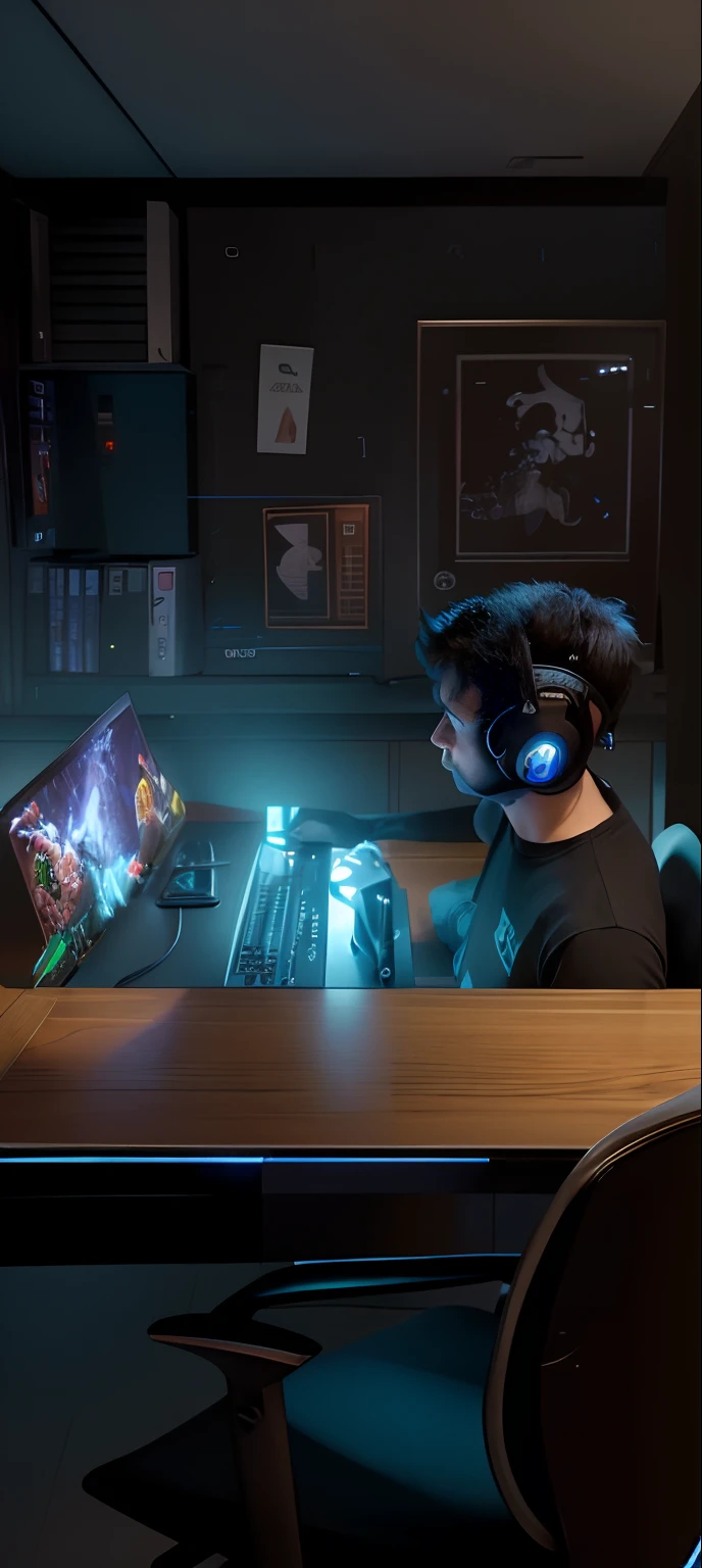 there is a man sitting at a desk with a laptop computer, gaming, dota, playing games, led gaming, artistic pose, pc gaming, hero from dota 2, profile picture 1024px, twitch streamer / gamer ludwig, inspired by Yi Insang, playing computer games, dota 2 hero, league of legends style, reddit post, dota 2