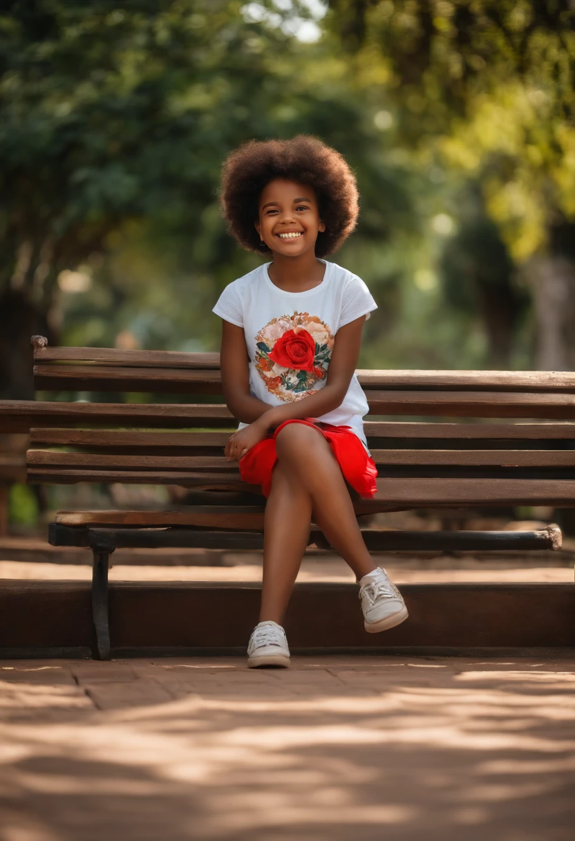 desenho de uma menina sorridente em camisa vermelha sentada em um banco em um parque, foto de uma menina negra, inspirado edesenhos pixar o, beleza natural,desenho pixar, menina de 10 anaos, garota de Cuba, com afro, belos arredores, last photo, Foto de uma garota,