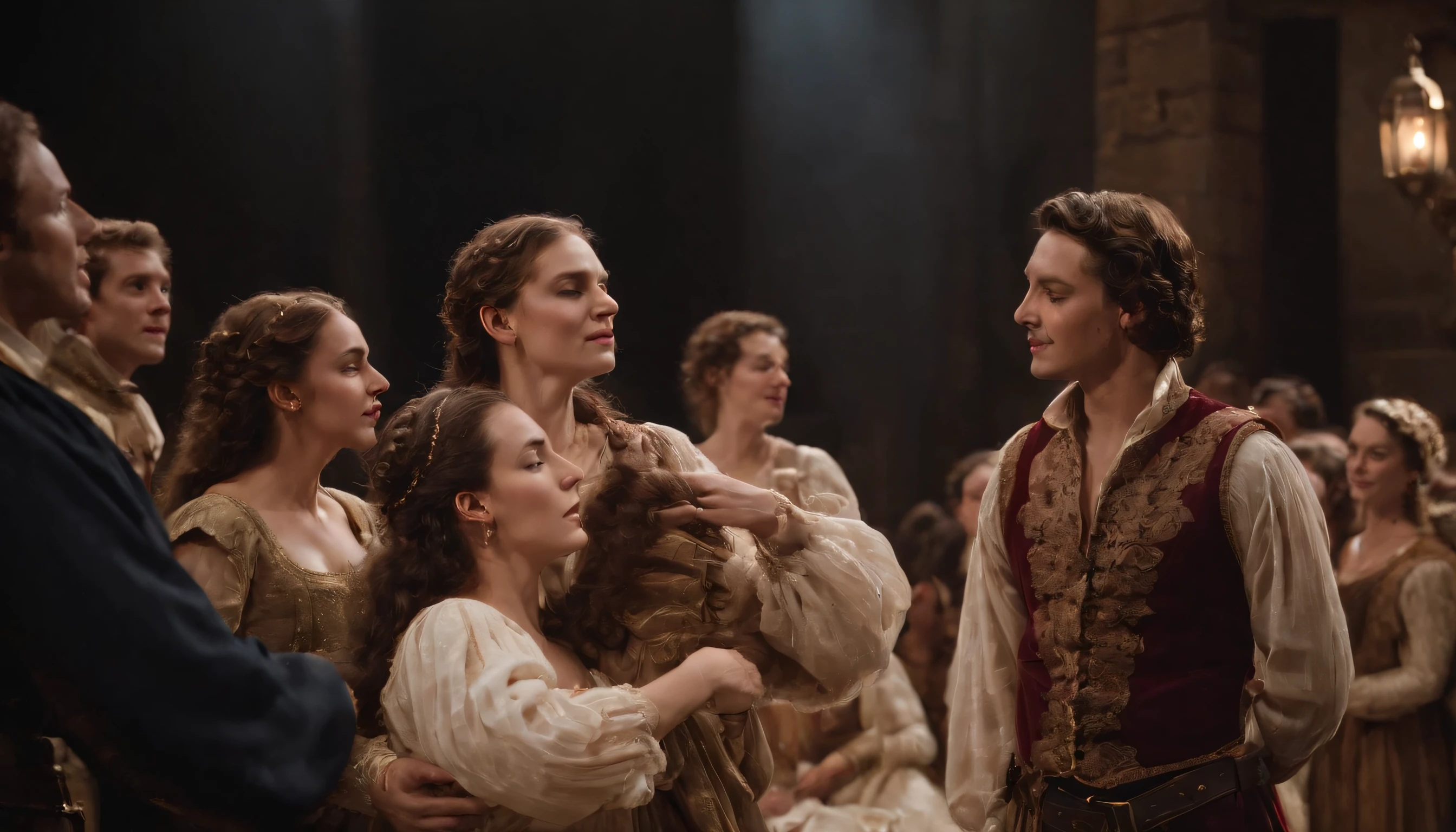 Masterpiece、top-quality、Highest Definition、Official art、Photorealsitic、Detailed stage lighting、extremely delicate and beautiful、ighly detailed、Rich background、(((musical))、(Romeo and Juliet)A scene from、((Lines are loud))、((A scene from a long line):1,5))、Audience visible、(Close-up of the performer、The stage of the Grand Theater、Multiple performers)
