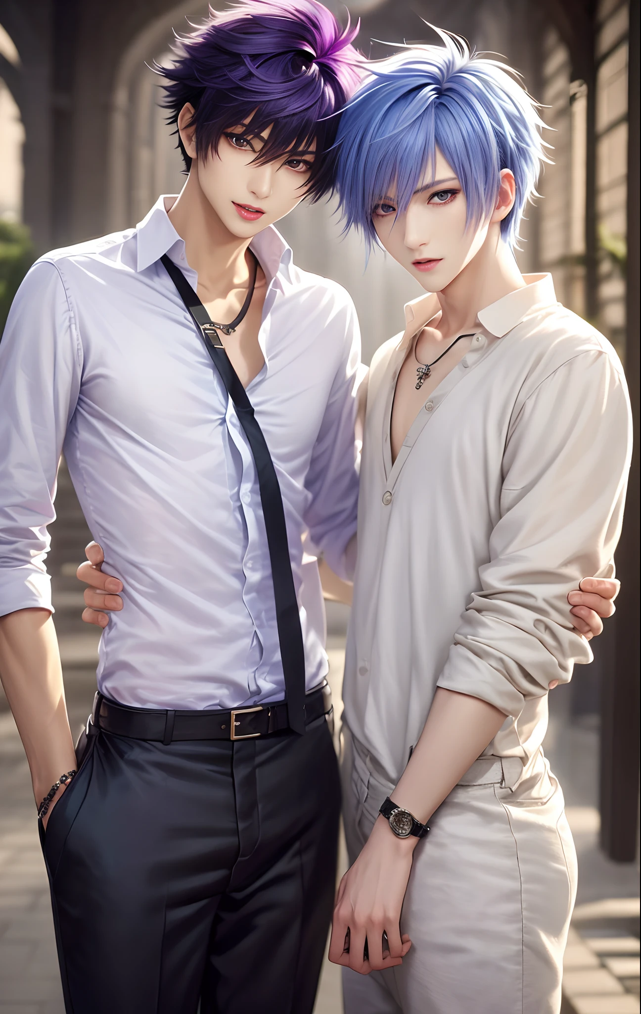 masterpiece, top-quality, 2Others, Male couple, 1 man and 1,, Adults, Height difference, different fashion, different color, finely eye and detailed face, intricate detailes, Naked, Casual clothing, white backgrounid, A smile, Happiness, tenderness, queers, Boys Love, high-level image quality、 selfee, Two beautiful men、tall、The upper part of the body、nightfall、nighttime scene、𝓡𝓸𝓶𝓪𝓷𝓽𝓲𝓬、Korean Male, Idol Photos, Model photo, k pop, Professional Photos, Vampires, Korean fashion in black and white, Fedoman with necklace, inspired by Sim Sa-jeong, androgynous vampire, :9 detailed face: 8, extra detailed face, detailed punk hair, ((eyes are brown)) baggy eyes, Seductive. Highly detailed, semi realistic anime, Vampires, hyperrealistic , delicate androgynous prince, imvu, short hair above the ears, Man with short hair, With a purple-haired man with a wild expression, Man with light blue hair with gentle expression, ((With a short-haired man with bright purple hair)), ((Man with light blue hair)), Take off your shirt and pose
