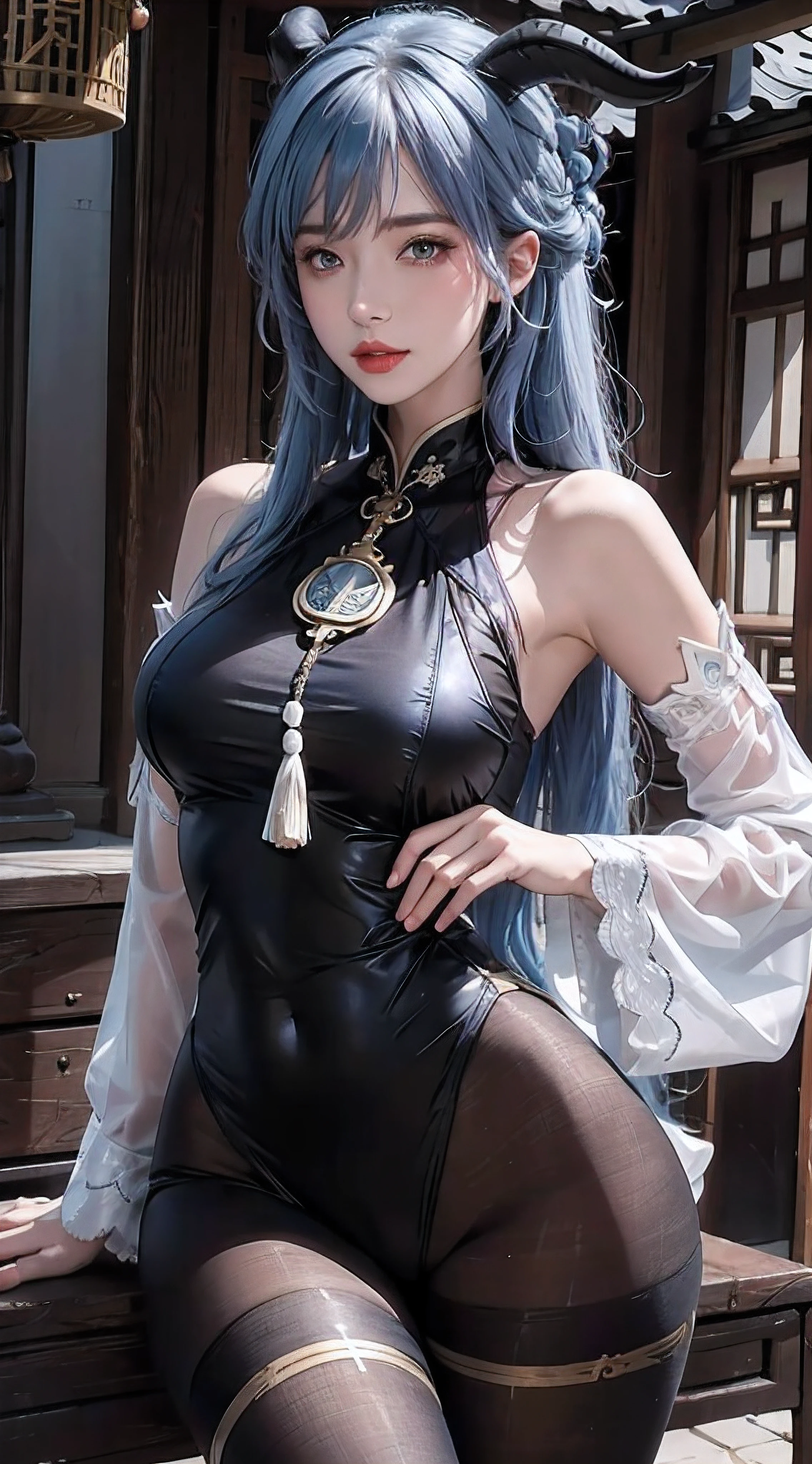 photorealistic, high resolution,masterpiece,best quality,ultra-detailed, 1women, hips up, blue eyes, ahoge, architecture, bangs, bare shoulders, bell, black gloves, black pantyhose, (blue hair), blush, breasts, chinese knot, detached sleeves, east asian architecture, flower knot, gloves, horns, long hair, medium breasts, neck bell, night, outdoors, pantyhose, purple eyes, tassel, white sleeves , intricate,