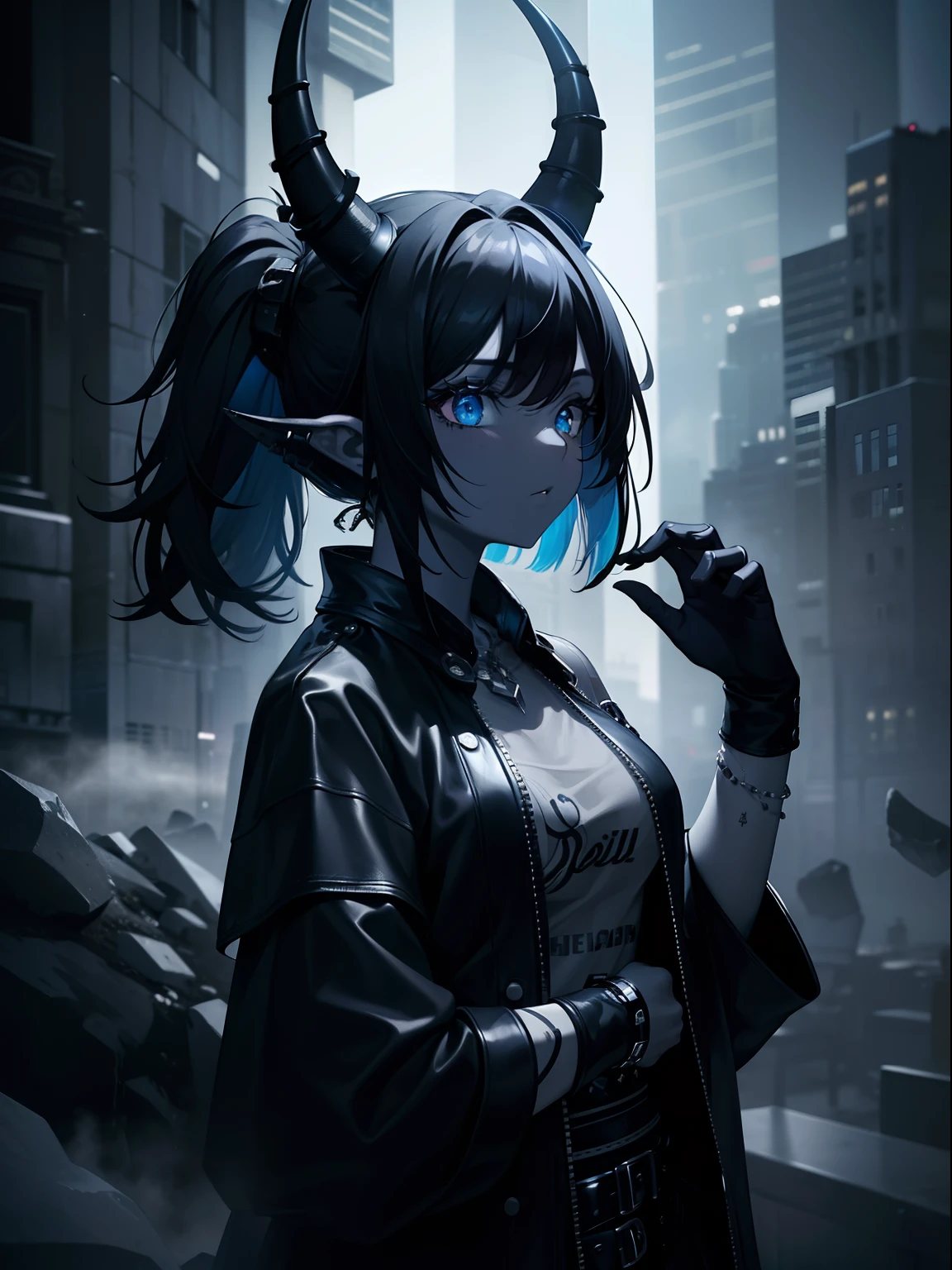 (Masterpiece, Best quality, ultra high resolution),1girl,dark black hair,horns,(colored skin,grey skin),rock punk fashion,night, fog, (grey and blue theme)