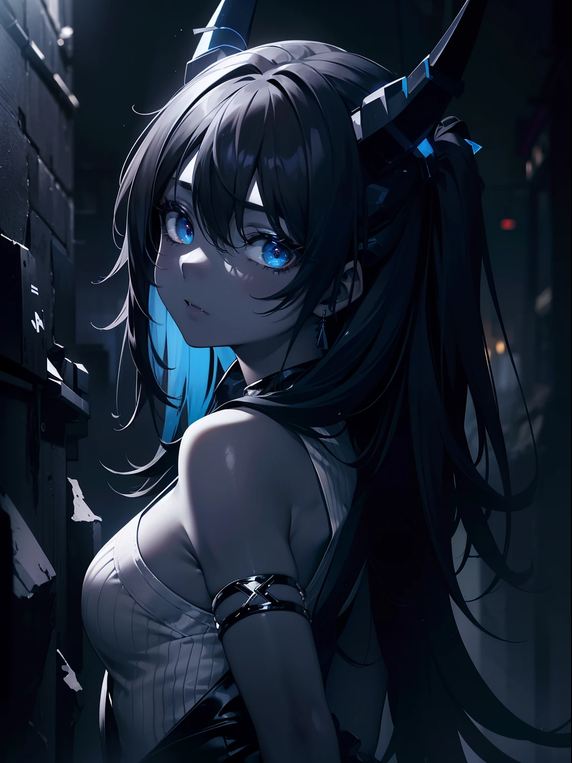 (Masterpiece, Best quality, ultra high resolution),1girl,dark black hair,horns,(colored skin,grey skin),rock punk fashion,night, fog, (grey and blue theme)