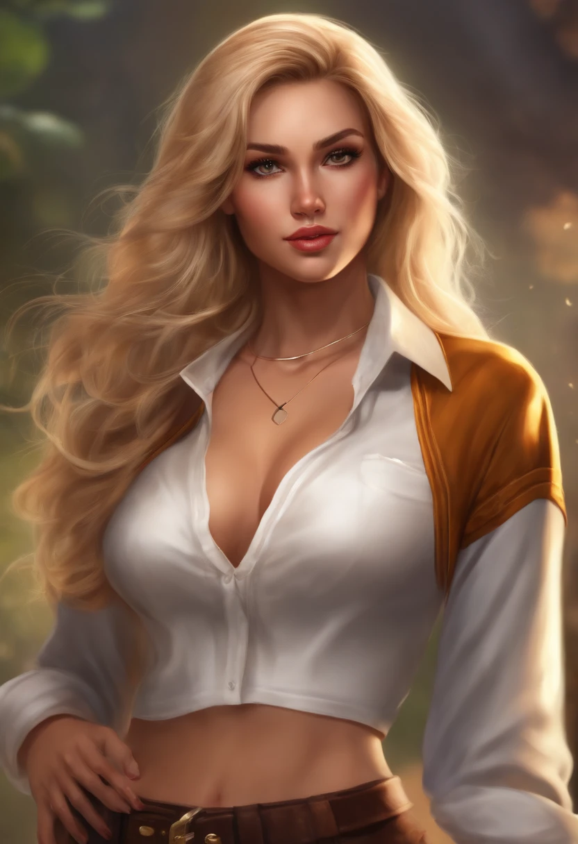 blonde hair brown eyes supermini skirt wearing hips visible in the middle with breasts visible on shirt realistic background and realistic character