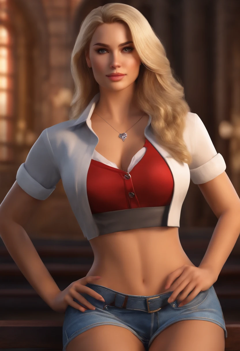 Blonde Hair Brown Eyes Supermini Skirt Lifted, White underpants are visible, visible in the middle with breasts in pencil skirt and white shirt