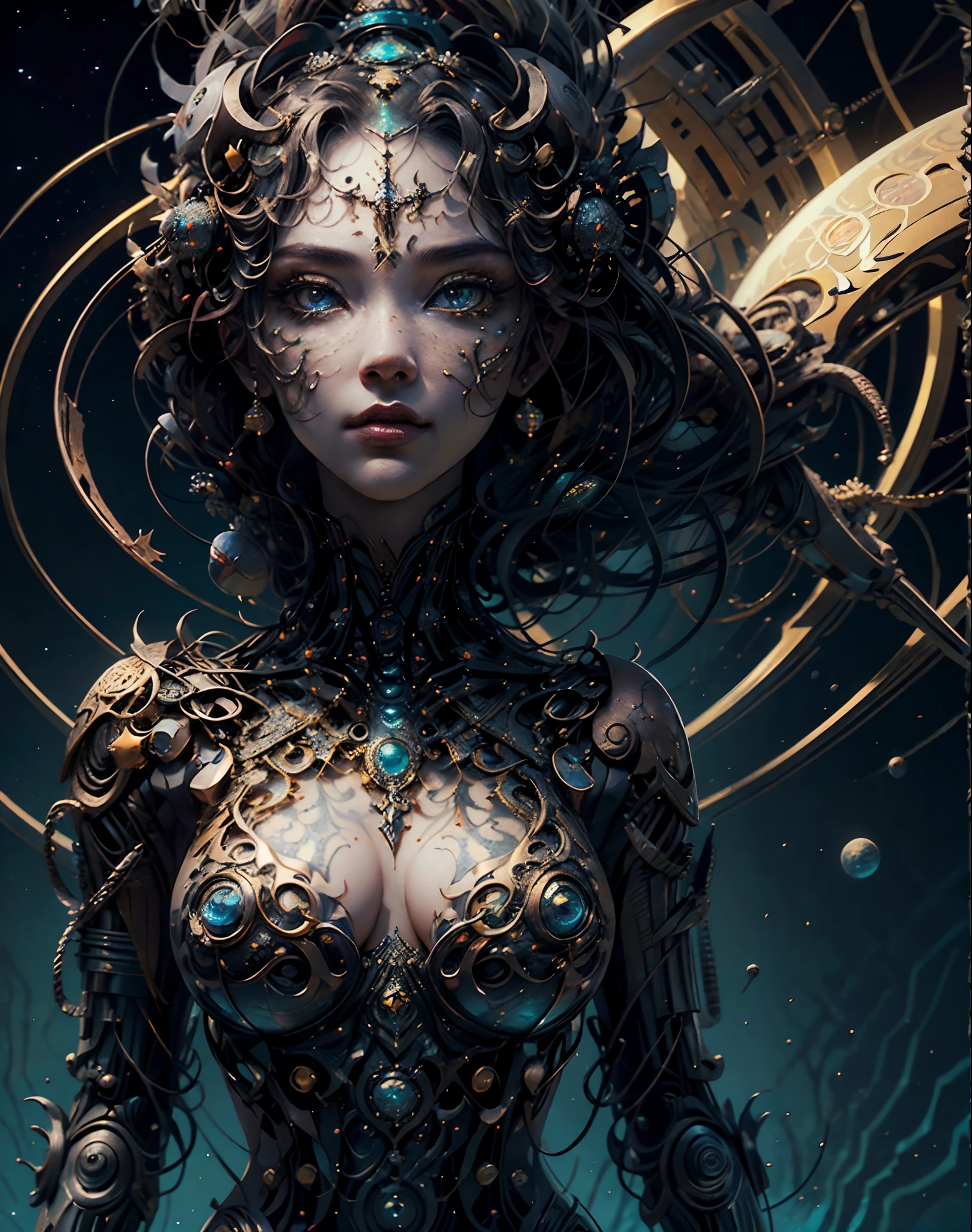 (best quality，ultra - detailed，Most Best Illustration，Best shadow，masterpiece，A high resolution，professional artwork，famous artwork），Eyes focus, Star sparkle particle around, Detailed eyes，beautiful eyes，closeup cleavage，sci-fi，colored sclera，Robot eyes，face markings，Tattooed with，（fractalized，Fractal eyes），large eyes，Wide eyes，（Eye focus），face focus，Cosmic eyes，Space eyes，Close-up of metal sculpture of a woman with a moon in her hair，goddess, extremely high detail，Extremely detailed, (cowboy shot)，(dynamic pose), hecate goddess，goddess of space and time, sea art 2.1, goddess sea art 2.1, texture masterpiece, super detail, cinematic lighting, Asian face.