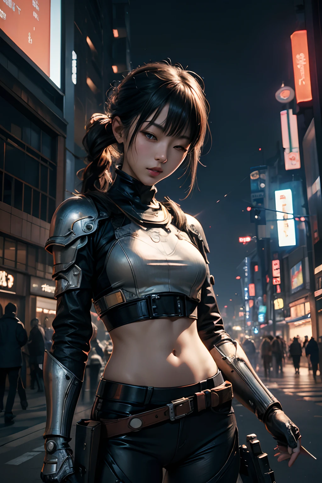 art by katsuya terada, art by range murata, art by akiman, art by JUNNY, portrait cute and beautiful slender Young Japanese girl, Realistic skin texture, Moderate mole, head tilt, broad smile, one eye closed, open mouth wide, midriff, beautiful sci - fi armored, Holding a gun at a shibuya intersection, cinematic lighting, highly detailed, ray tracing, digital painting, concept art, smooth, sharp focus, illustration, 8k