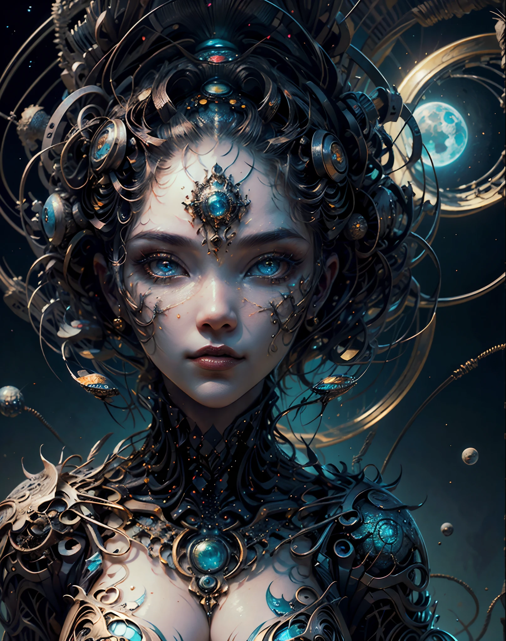 (best quality，ultra - detailed，Most Best Illustration，Best shadow，masterpiece，A high resolution，professional artwork，famous artwork），Eyes focus, Star sparkle particle around, Detailed eyes，beautiful eyes，closeup cleavage，sci-fi，colored sclera，Robot eyes，face markings，Tattooed with，（fractalized，Fractal eyes），large eyes，Wide eyes，（Eye focus），face focus，Cosmic eyes，Space eyes，Close-up of metal sculpture of a woman with a moon in her hair，goddess, extremely high detail，Extremely detailed, (cowboy shot)，(dynamic pose), hecate goddess，goddess of space and time, sea art 2.1, goddess sea art 2.1, texture masterpiece, super detail, cinematic lighting, Asian face.