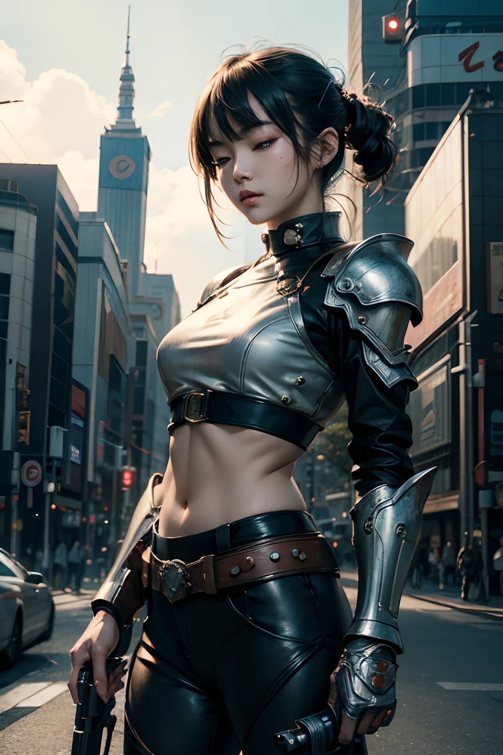art by katsuya terada, art by range murata, art by akiman, art by JUNNY, portrait cute and beautiful slender Young Japanese girl, Realistic skin texture, Moderate mole, head tilt, broad smile, one eye closed, open mouth wide, midriff, beautiful sci - fi armored, Holding a gun at a shibuya intersection, cinematic lighting, highly detailed, ray tracing, digital painting, concept art, smooth, sharp focus, illustration, 8k