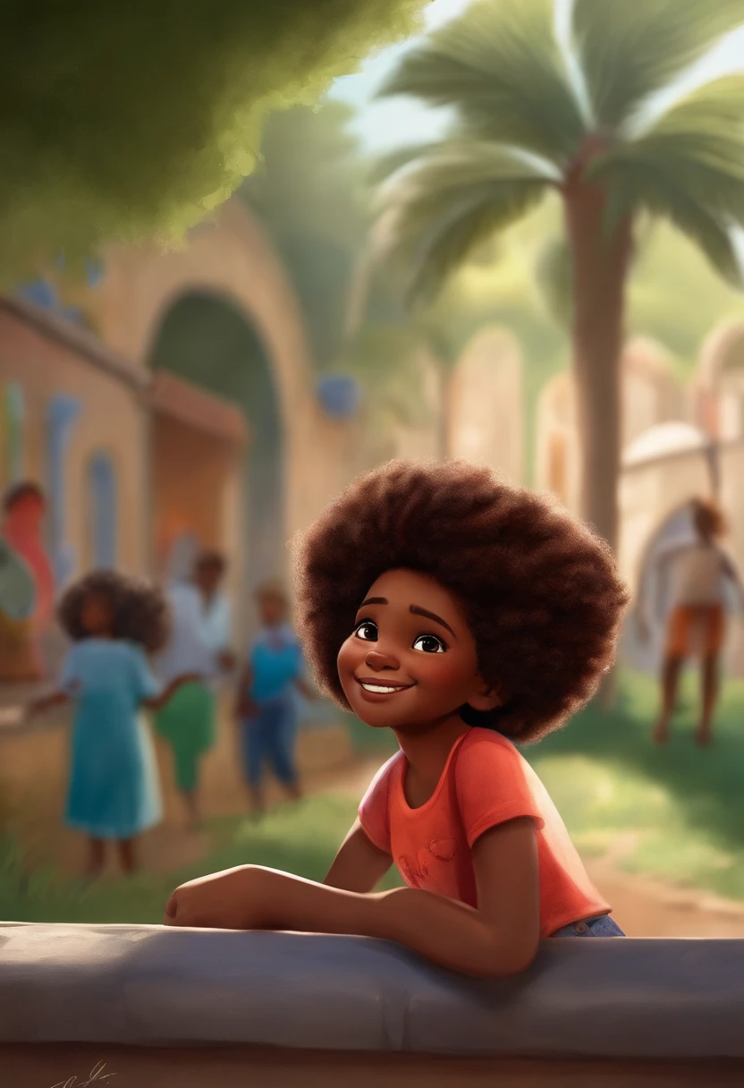 desenho de uma menina sorridente em camisa vermelha sentada em um banco em um parque, desenho pixar de uma menina negra, inspirado n esenhos pixar o, beleza natural,desenho pixar, menina de 10 anaos, garota de Cuba, com afro, belos arredores, last photo, desenho de uma garota,
