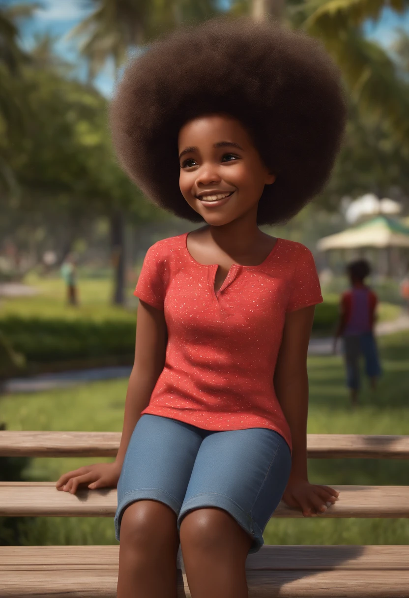 desenho de uma sorridente em camisa vermelha sentada em um banco em um parque, desenho pixar de uma menina, inspirado n esenhos pixar o, beleza natural,desenho pixar, menina de 10, garota de Cuba, com afro, belos arredores, last photo, desenho de uma garota,