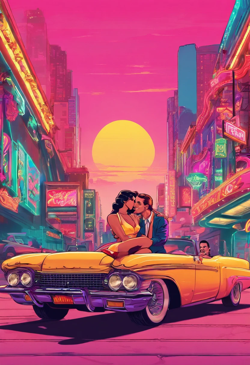 The background is a Broadway neon stage,Monroe girl kisses a gentleman,Dreamy,Vintage cars