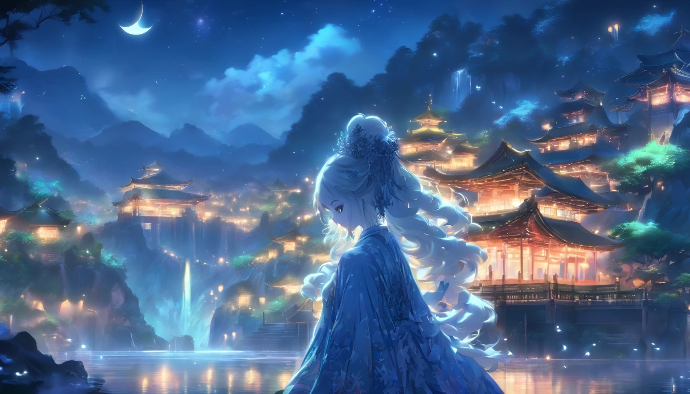 (Masterpiece, Best quality), 1girll(atenea_Asamiya Palace), Cute dress, Long black hair, Sitting, Beautiful outdoor background, Night, forest,highly detailed surreal vfx,China ink painting,water ink,ink,Smudge,China-style,中景 the scene is,super-fine,ultra - detailed,high qulity,8K ,Sharply focus the eyes,中景 the scene is,Full body like,oc rendered