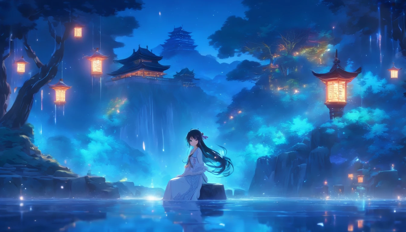 (Masterpiece, Best quality), 1girll(atenea_Asamiya Palace), Cute dress, Long black hair, Sitting, Beautiful outdoor background, Night, forest，highly detailed surreal vfx，China ink painting，water ink，ink，Smudge，China-style，中景 the scene is，super-fine，ultra - detailed，high qulity，8K ，Sharply focus the eyes，中景 the scene is，Full body like，oc rendered