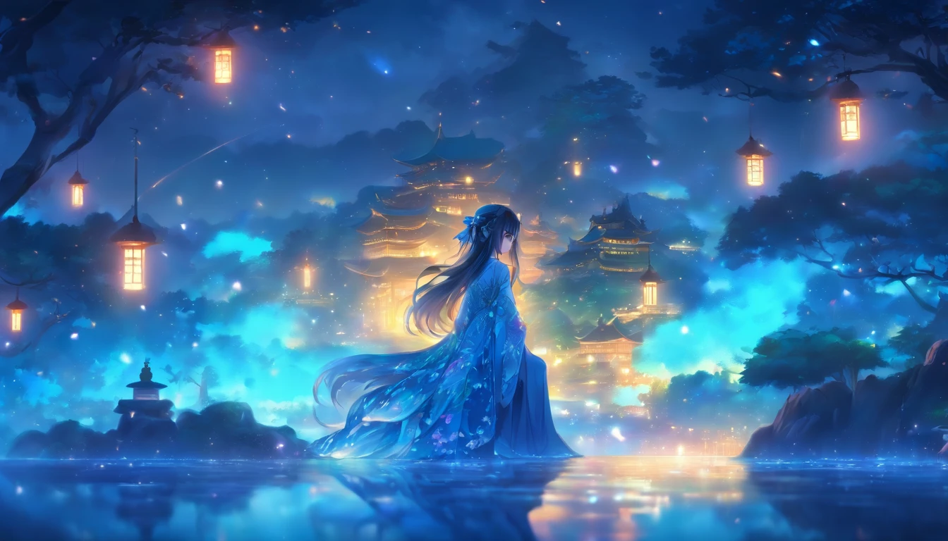 (Masterpiece, Best quality), 1girll(atenea_Asamiya Palace), Cute dress, Long black hair, Sitting, Beautiful outdoor background, Night, forest，highly detailed surreal vfx，China ink painting，water ink，ink，Smudge，China-style，中景 the scene is，super-fine，ultra - detailed，high qulity，8K ，Sharply focus the eyes，中景 the scene is，Full body like，oc rendered
