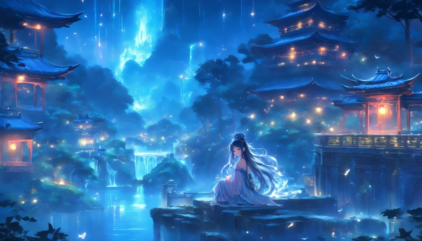 (Masterpiece, Best quality), 1girll(atenea_Asamiya Palace), Cute dress, Long black hair, Sitting, Beautiful outdoor background, Night, forest,highly detailed surreal vfx,China ink painting,water ink,ink,Smudge,China-style,中景 the scene is,super-fine,ultra - detailed,high qulity,8K ,Sharply focus the eyes,中景 the scene is,Full body like,oc rendered