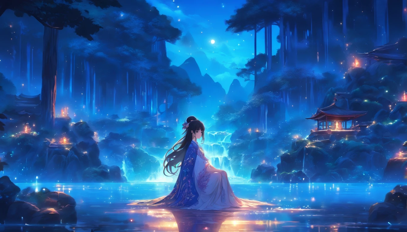 (Masterpiece, Best quality), 1girll(atenea_Asamiya Palace), Cute dress, Long black hair, Sitting, Beautiful outdoor background, Night, forest,highly detailed surreal vfx,China ink painting,water ink,ink,Smudge,China-style,中景 the scene is,super-fine,ultra - detailed,high qulity,8K ,Sharply focus the eyes,中景 the scene is,Full body like,oc rendered