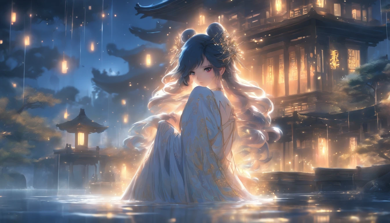 (Masterpiece, Best quality), 1girll(atenea_Asamiya Palace), Cute dress, Long black hair, Sitting, Beautiful outdoor background, Night, forest，highly detailed surreal vfx，China ink painting，water ink，ink，Smudge，China-style，中景 the scene is，super-fine，ultra - detailed，high qulity，8K ，Sharply focus the eyes，中景 the scene is，Full body like，oc rendered