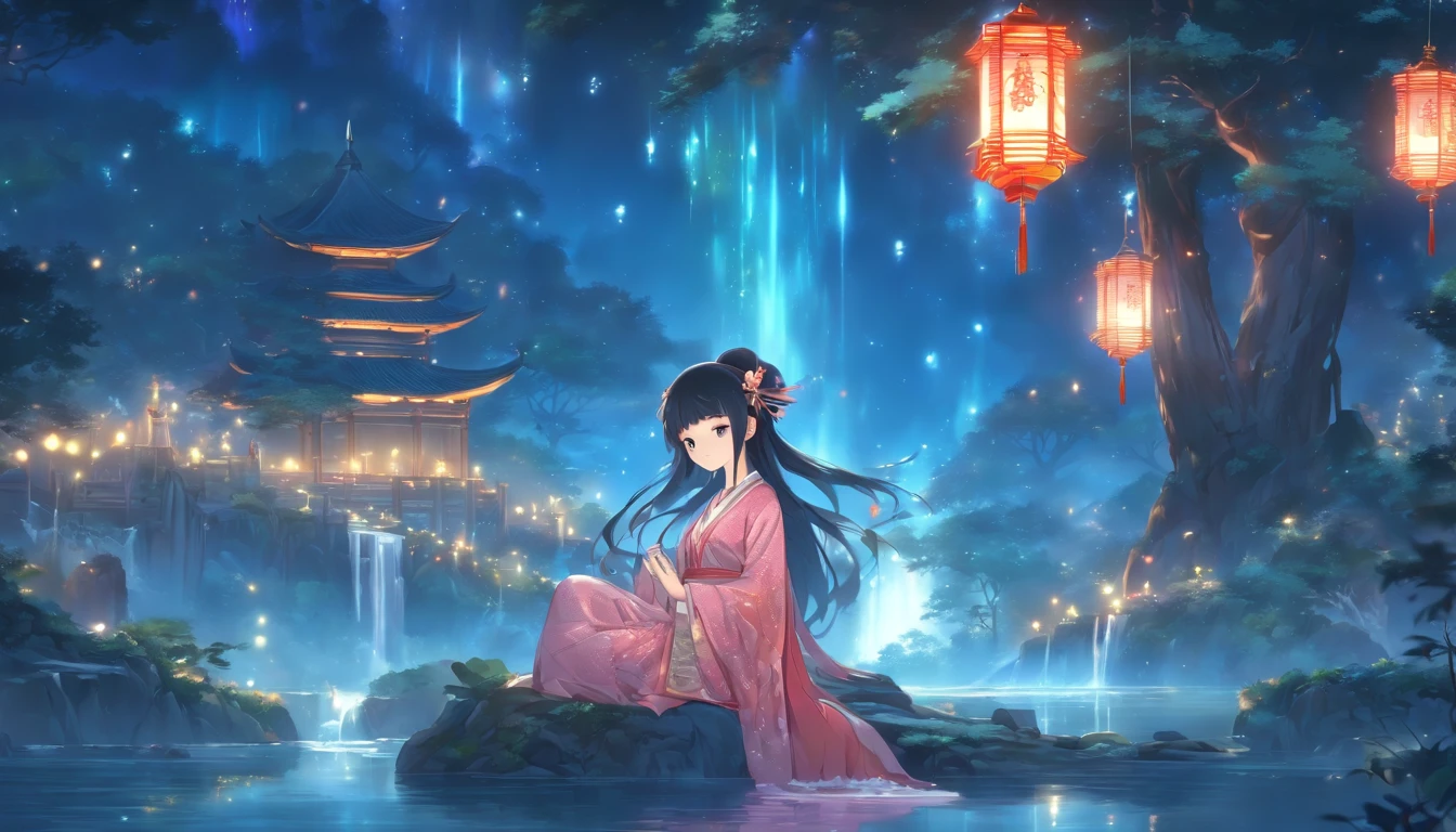 (Masterpiece, Best quality), 1girll(atenea_Asamiya Palace), Cute dress, Long black hair, Sitting, Beautiful outdoor background, Night, forest，highly detailed surreal vfx，China ink painting，water ink，ink，Smudge，China-style，中景 the scene is，super-fine，ultra - detailed，high qulity，8K ，Sharply focus the eyes，中景 the scene is，Full body like，oc rendered