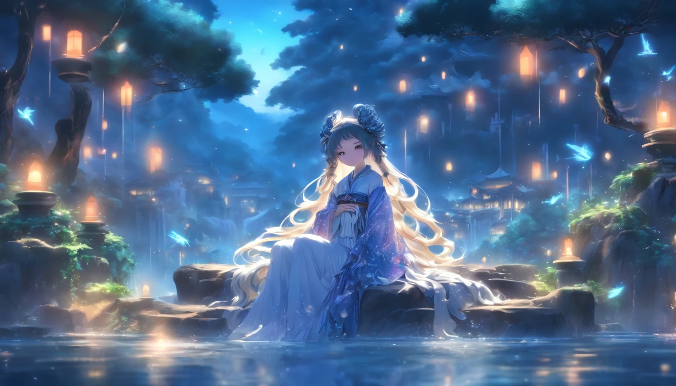 (Masterpiece, Best quality), 1girll(atenea_Asamiya Palace), Cute dress, Long black hair, Sitting, Beautiful outdoor background, Night, forest，highly detailed surreal vfx，China ink painting，water ink，ink，Smudge，China-style，中景 the scene is，super-fine，ultra - detailed，high qulity，8K ，Sharply focus the eyes，中景 the scene is，Full body like，oc rendered