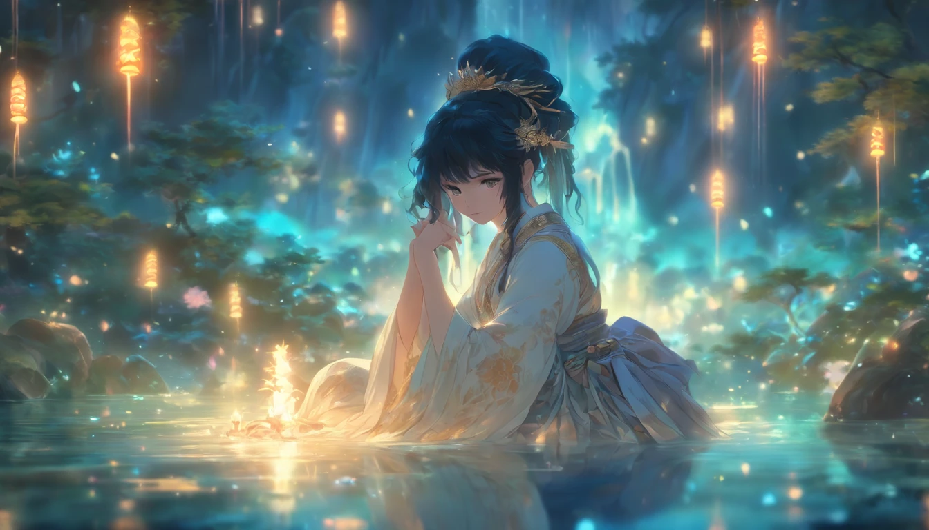 (Masterpiece, Best quality), 1girll(atenea_Asamiya Palace), Cute dress, Long black hair, Sitting, Beautiful outdoor background, Night, forest,highly detailed surreal vfx,China ink painting,water ink,ink,Smudge,China-style,中景 the scene is,super-fine,ultra - detailed,high qulity,8K ,Sharply focus the eyes,中景 the scene is,Full body like,oc rendered