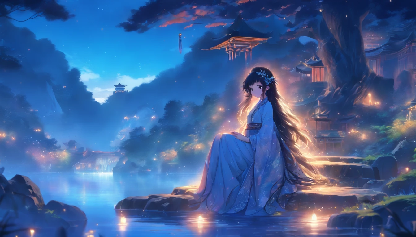 (Masterpiece, Best quality), 1girll(atenea_Asamiya Palace), Cute dress, Long black hair, Sitting, Beautiful outdoor background, Night, forest,highly detailed surreal vfx,China ink painting,water ink,ink,Smudge,China-style,中景 the scene is,super-fine,ultra - detailed,high qulity,8K ,Sharply focus the eyes,中景 the scene is,Full body like,oc rendered