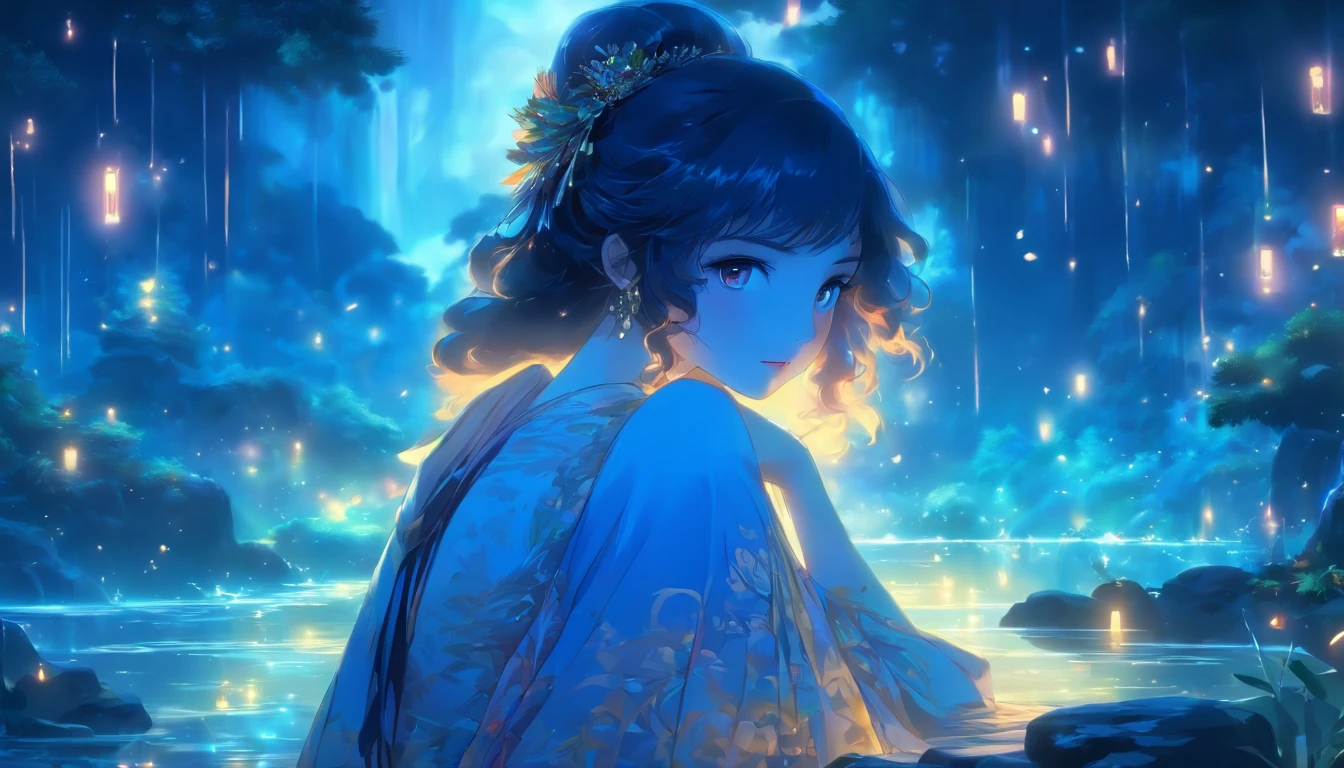 (Masterpiece, Best quality), 1girll(atenea_Asamiya Palace), Cute dress, Long black hair, Sitting, Beautiful outdoor background, Night, forest,highly detailed surreal vfx,China ink painting,water ink,ink,Smudge,China-style,中景 the scene is,super-fine,ultra - detailed,high qulity,8K ,Sharply focus the eyes,中景 the scene is,Full body like,oc rendered