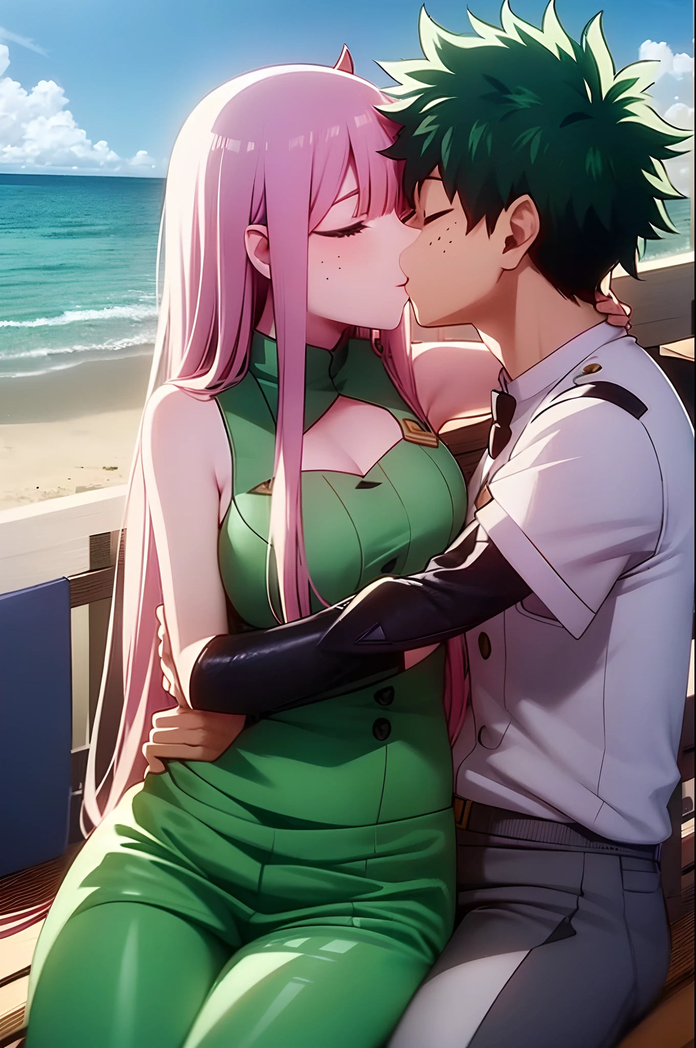 zero two, 1girl, zero two naked_shirt,vest_print:, izuku from bnha, izuku and zero two being a lovey dovey couple very affective in a beach, izuku with pants and pullover, love , happy, ,1girl,, ,sitting, standing, french kiss, kissing, 1boy, couple, husband and wife, happy, romantic kiss, passionated kiss, hug, pregnan zero two