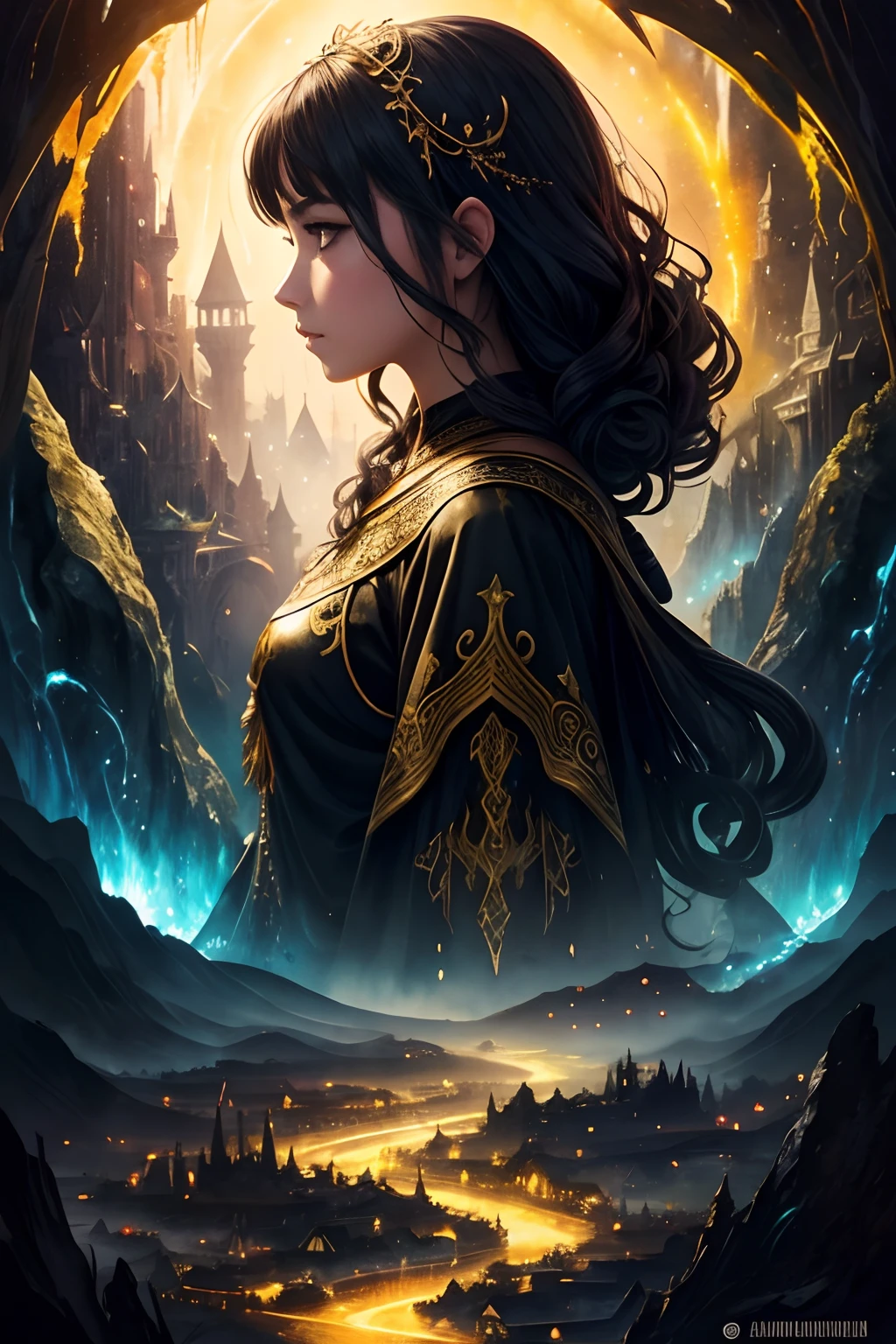 1girl, fantasy girl, an old village, watercolor, mystical, magical, fantasy art done in oil paint and liquid chrome, liquid gold, liquid black, liquid rainbow, splatter, Digital art, yellow-black image, beauty, ultra-detailed composition, curls, patterns, floating objects, incredible landscape, unearthly view, starlight, gas aura, abstraction, magic, style