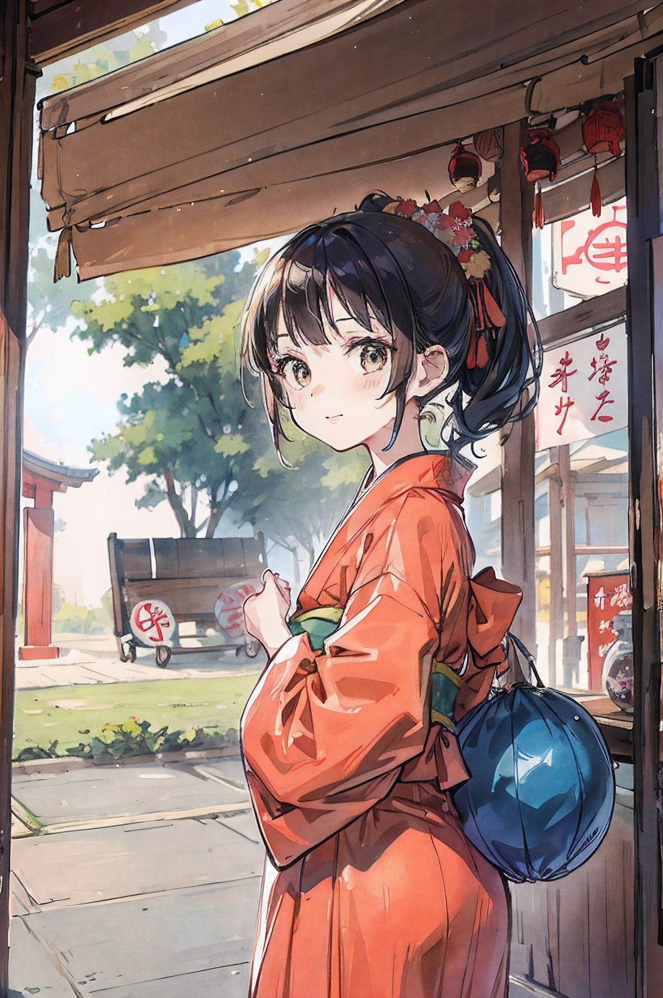 Girl in yukata at festival、natta、Stalls in the background