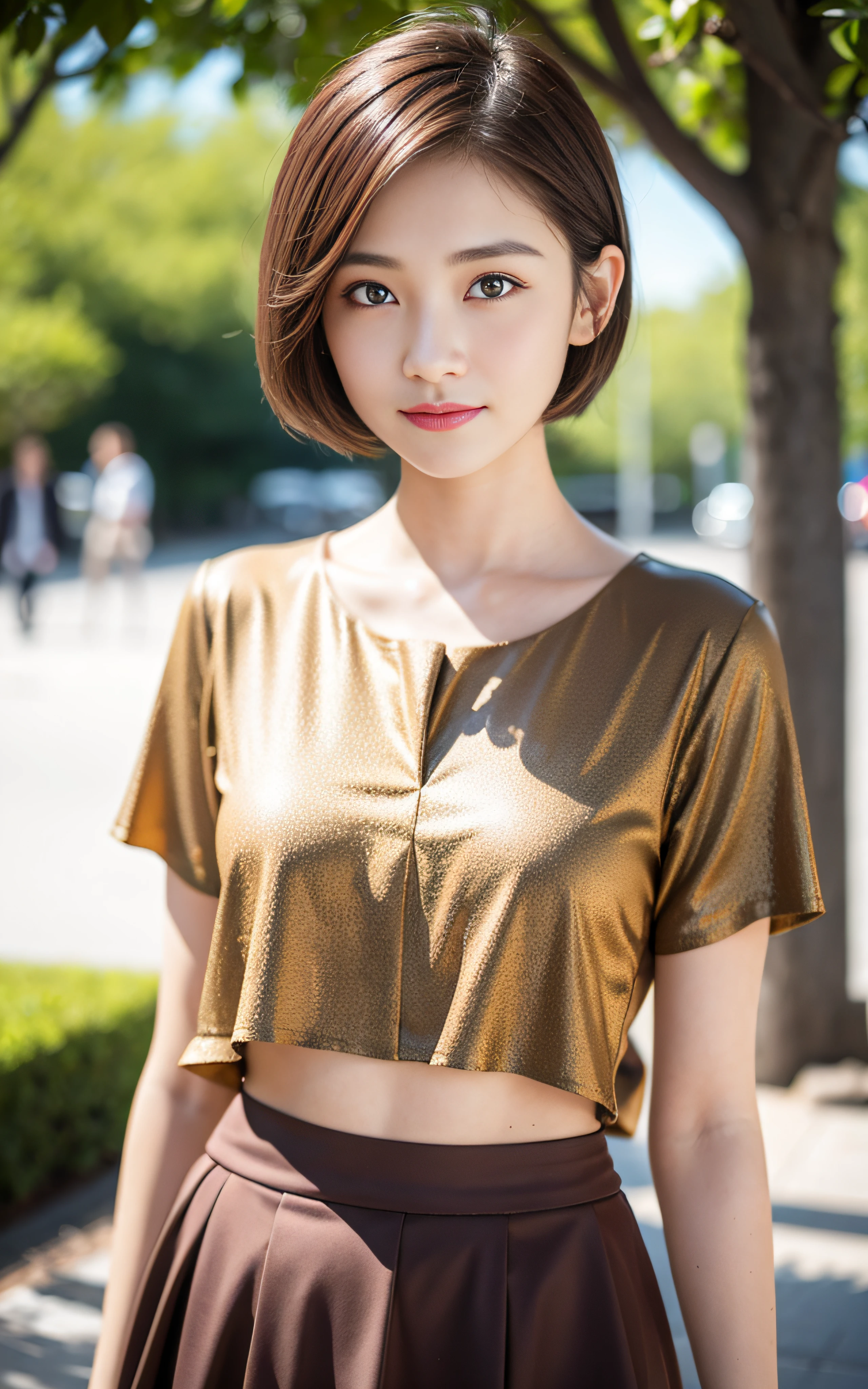 masterpiece, Best Quality, 8K, 1girl, good hand, 14 yo, lively, active, life force, luminescence, Looking away, Raw photo, F/1.8, 135 mm, NIKON, Anatomically correct, bokeh,Textured skin, Professional Photography, Portrait, Soft light, Professional Lighting, Solo, (Smile), Cute, Girly, Film grain, (Eyes and faces with detailed:1.0), brown hair, short hair, 8k wallpaper, Silk Blouse, skirt, art museum, inside