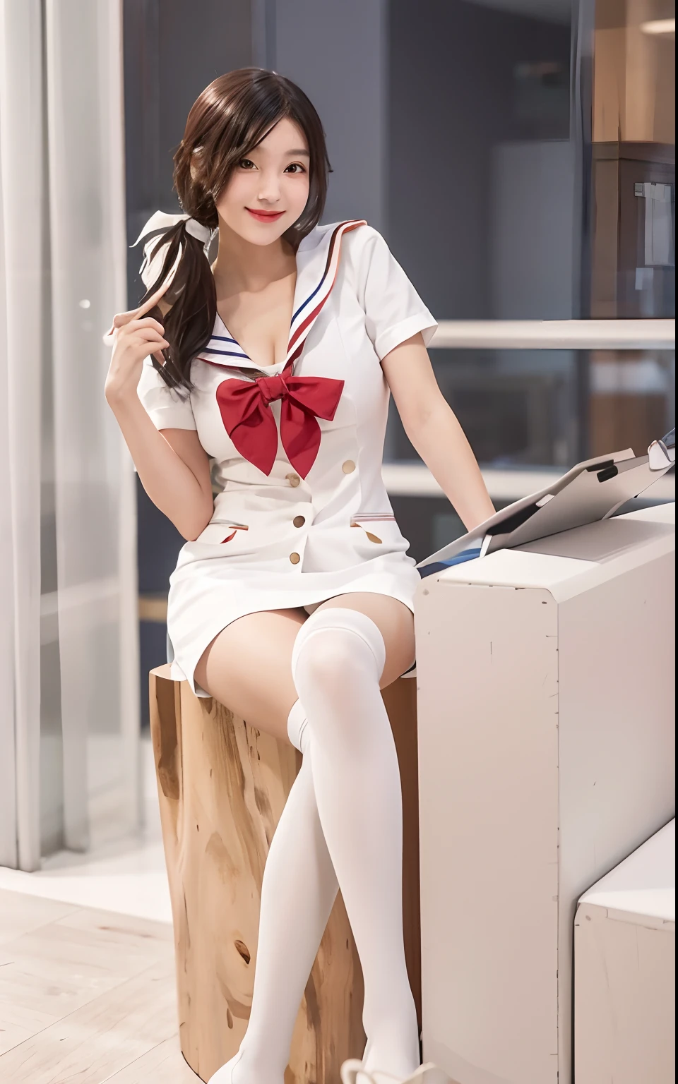 araffe dressed in a sailor costume sitting on a wooden stump, sailor uniform, loose coat collar sailor uniform, japanese girl school uniform, smooth white tight clothes suit, sailor clothing, japanese school uniform, female sailor uniforms, girl wearing uniform, white uniform, wearing japanese school uniform, dressed as schoolgirl, anime girl cosplay, sakimichan, jk uniform, Best picture quality, masterpiece, ultra high resolution, 8k, cleavage, big boobs, bust detail, hair detail, eye detail, sharp eyes, thin smile, professional lighting