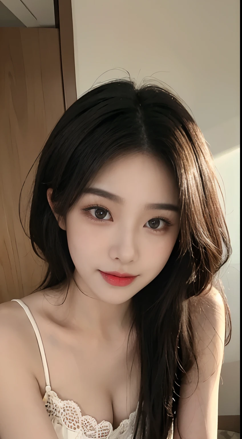 ulzzang-6500-v1.1, (RAW Photos:1.2), (Photorealistic), (Genuine:1.4), (Mastepiece), masterpiece, Absurd, The finer details, High resolution, Highly detailed face and eyes, Photorealistic, Close-up portrait of a woman in a black top and white curtains, Yoshitomo Nara, Japanese Model, Gorgeous Chinese Model, Japanese Goddess, Beautiful Korean Women, Beautiful Asian Girl, Lovely lady, Gorgeous Young Korean Woman, Asian Woman, 美しいAsian Woman, 30-year-old woman, 30-year-old woman, Asian Girl, Eyeshadow, Professional makeup、Classy makeup、Big eyes, cute eyes、