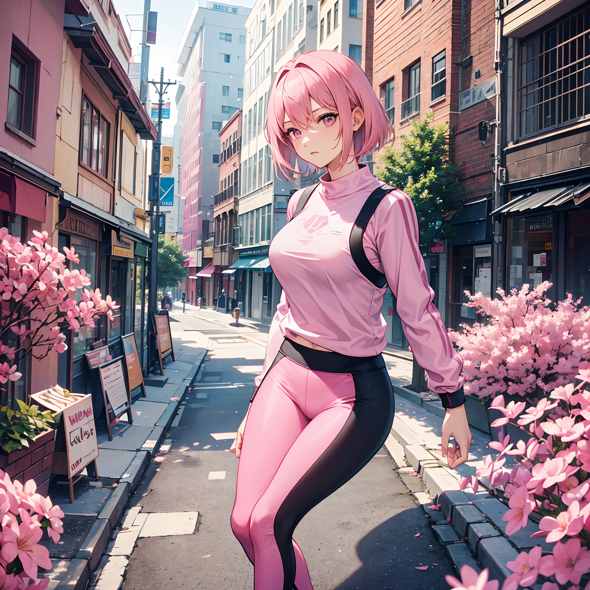 A woman, ((pink hair)), pink eyes, athletic, leggings, adult body, short straight hair, in town