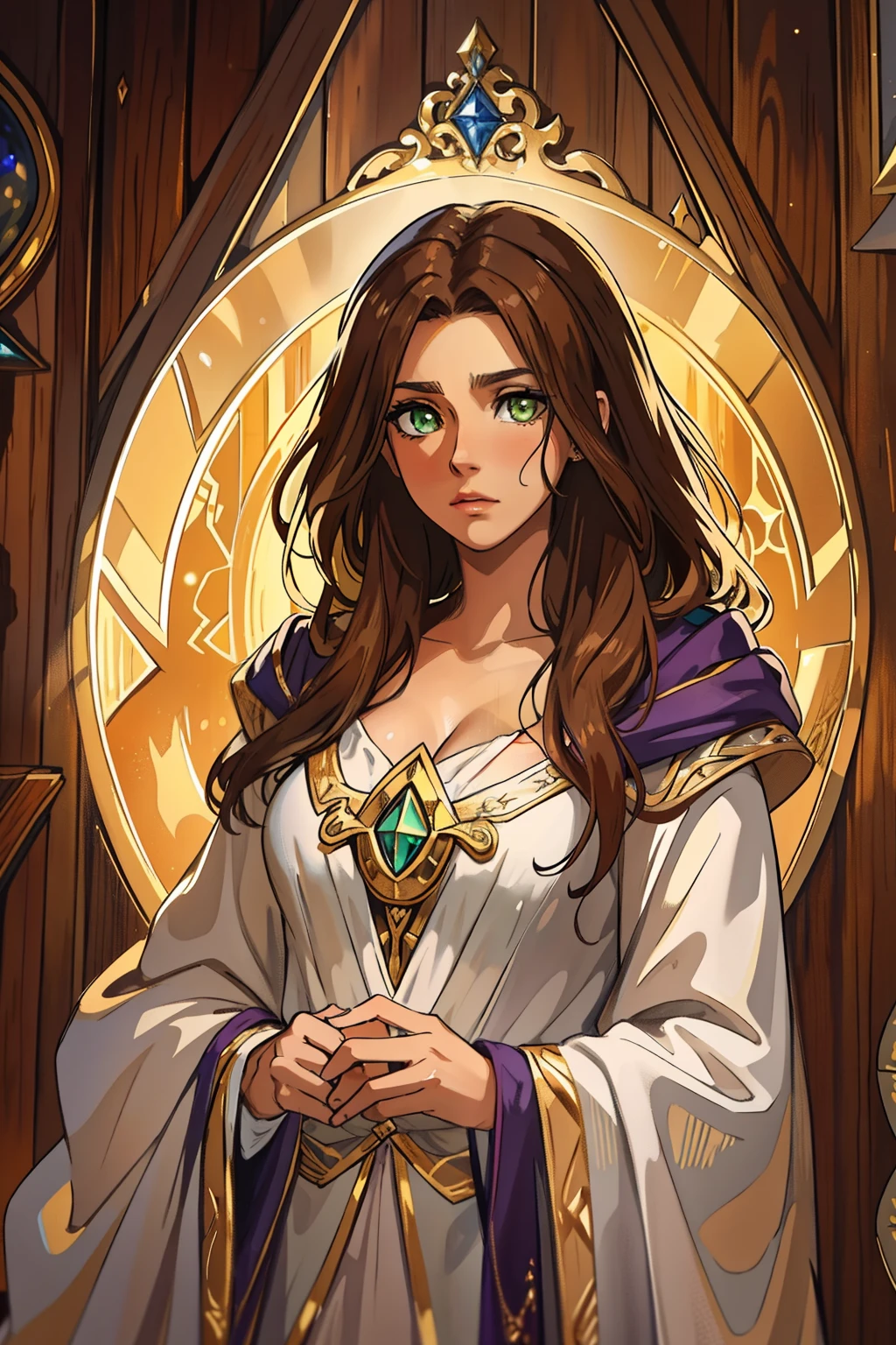 A beautiful sexy woman with green eyes and brown hair is a sorceress Wizard dressed in white and gold robes A princess of magic and a sad look. A background with a dramatic wooden wall An art for an RPG A medieval art for an RPG (melhor qualidade)